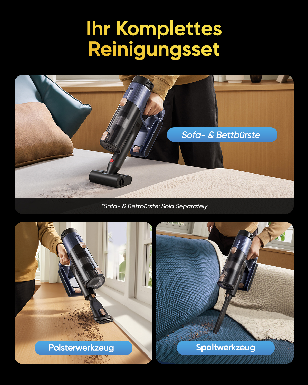 Das Bild zeigt einen Staubsauger mit verschiedenen Aufsätzen, die auf einem Bett, Tisch und Sofa verwendet werden. Text sagt Reinigungssatz.