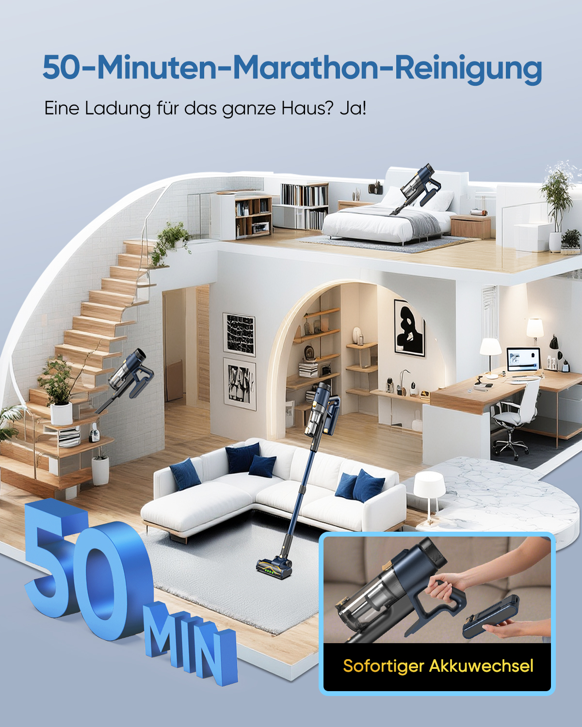 Illustration eines Hausinneren mit Staubsauger. Sie zeigt 50 Minuten Reinigung und schnellen Akkuwechsel.