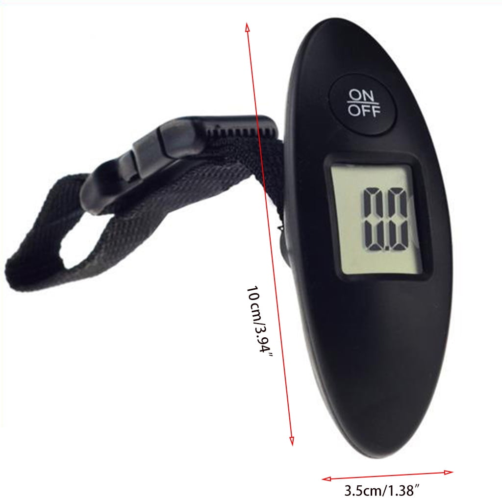 Eine schwarze Gepäckwaage mit digitaler Anzeige '00'. Sie hat eine Ein-/Aus-Taste und einen schwarzen Gurt.