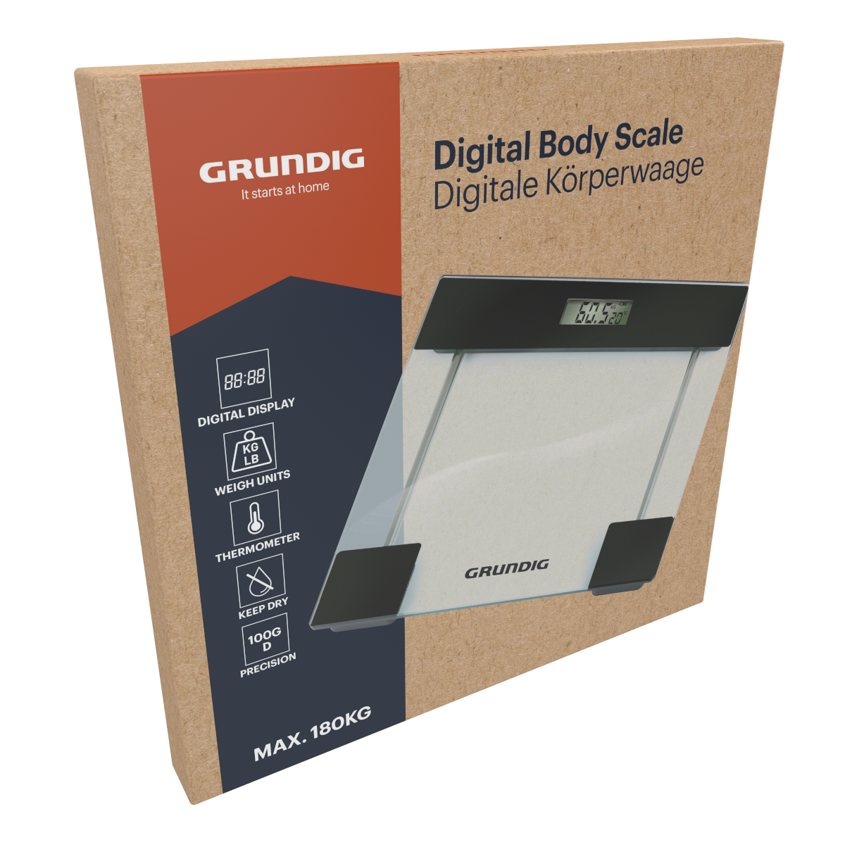 Een digitale weegschaal in een kartonnen doos. De weegschaal geeft 60,5 aan. De doos heeft het Grundig-logo en productinformatie.
