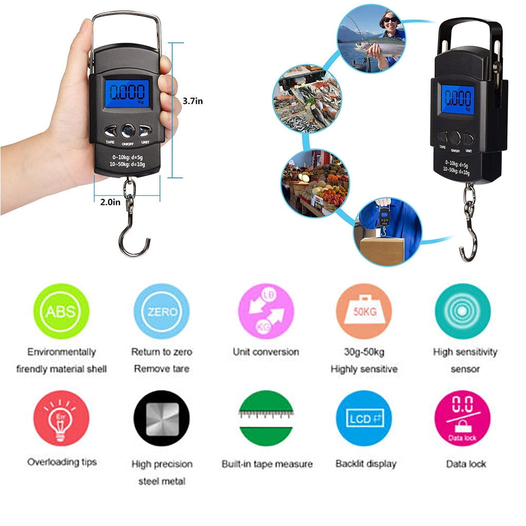 Eine Hand hält eine schwarze Digitalwaage. Die Waage zeigt 0,000 kg an. Verschiedene Symbole zeigen Funktionen wie Einheitenumrechnung und Datensperre.