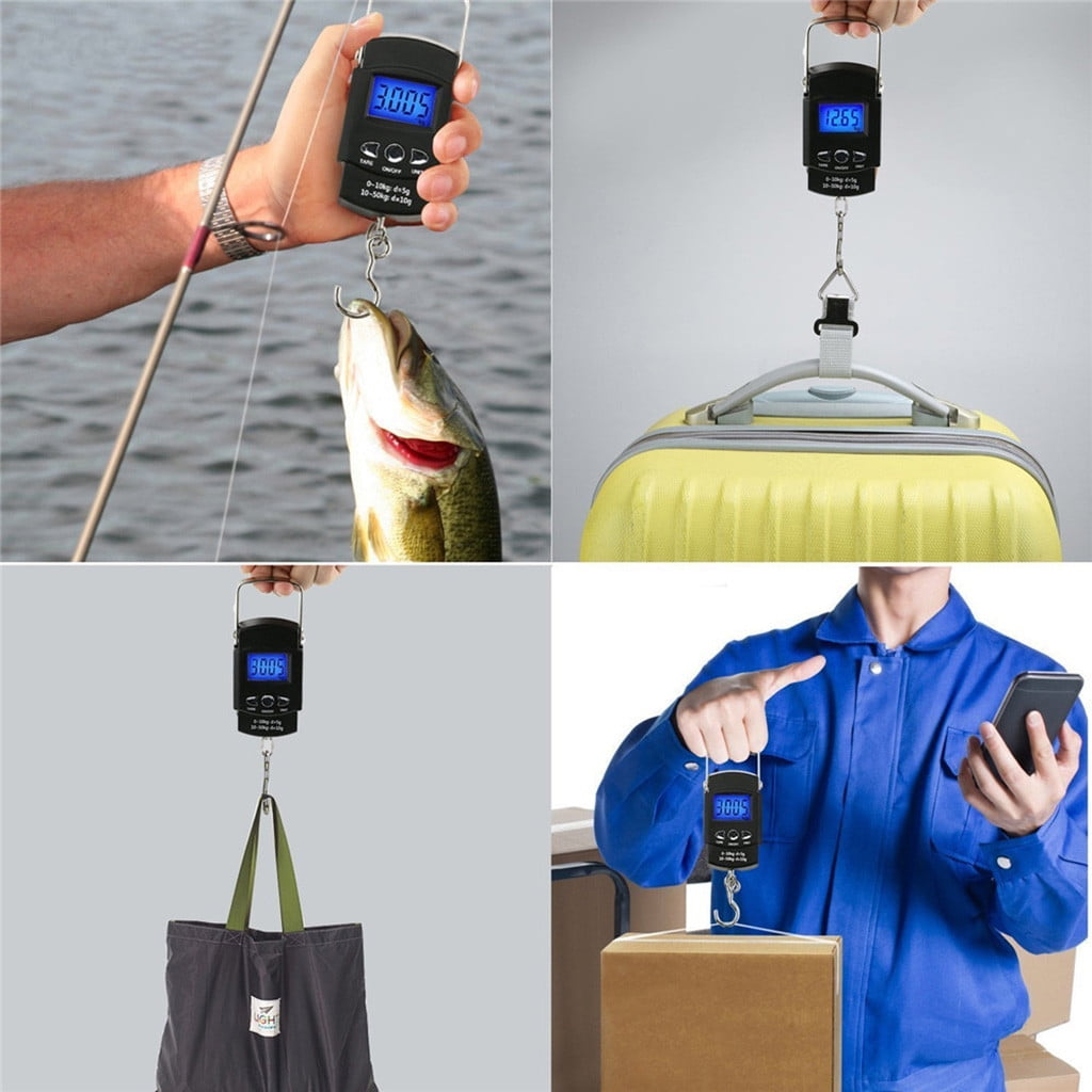 Vier Bilder, die eine digitale Waage zeigen, die verschiedene Objekte wie einen Fisch, einen Koffer, eine Tragetasche und einen Karton wiegt.