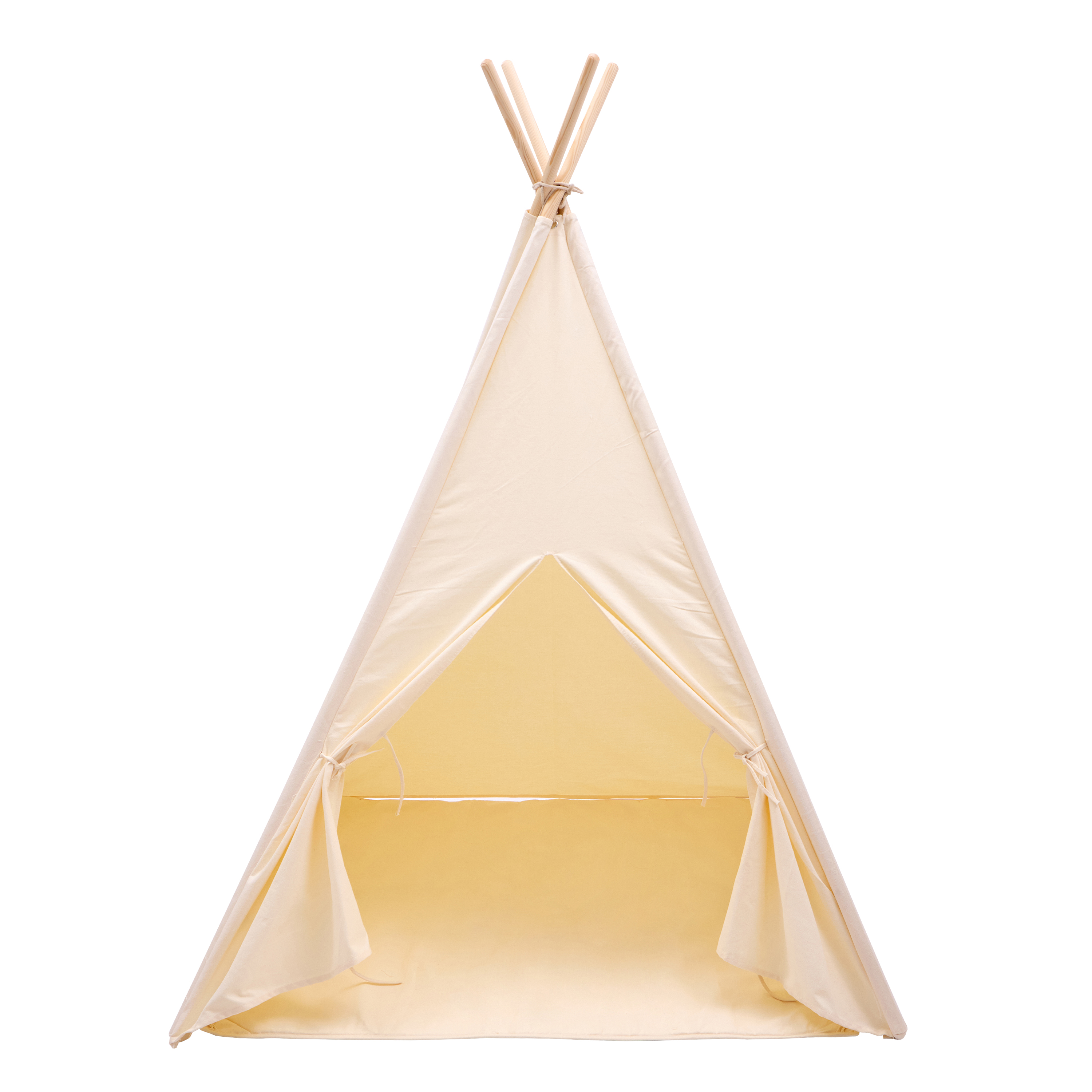 Ein cremefarbenes Tipi-Zelt steht vor einem weißen Hintergrund. Es hat eine dreieckige Form mit einer vorderen Öffnung.