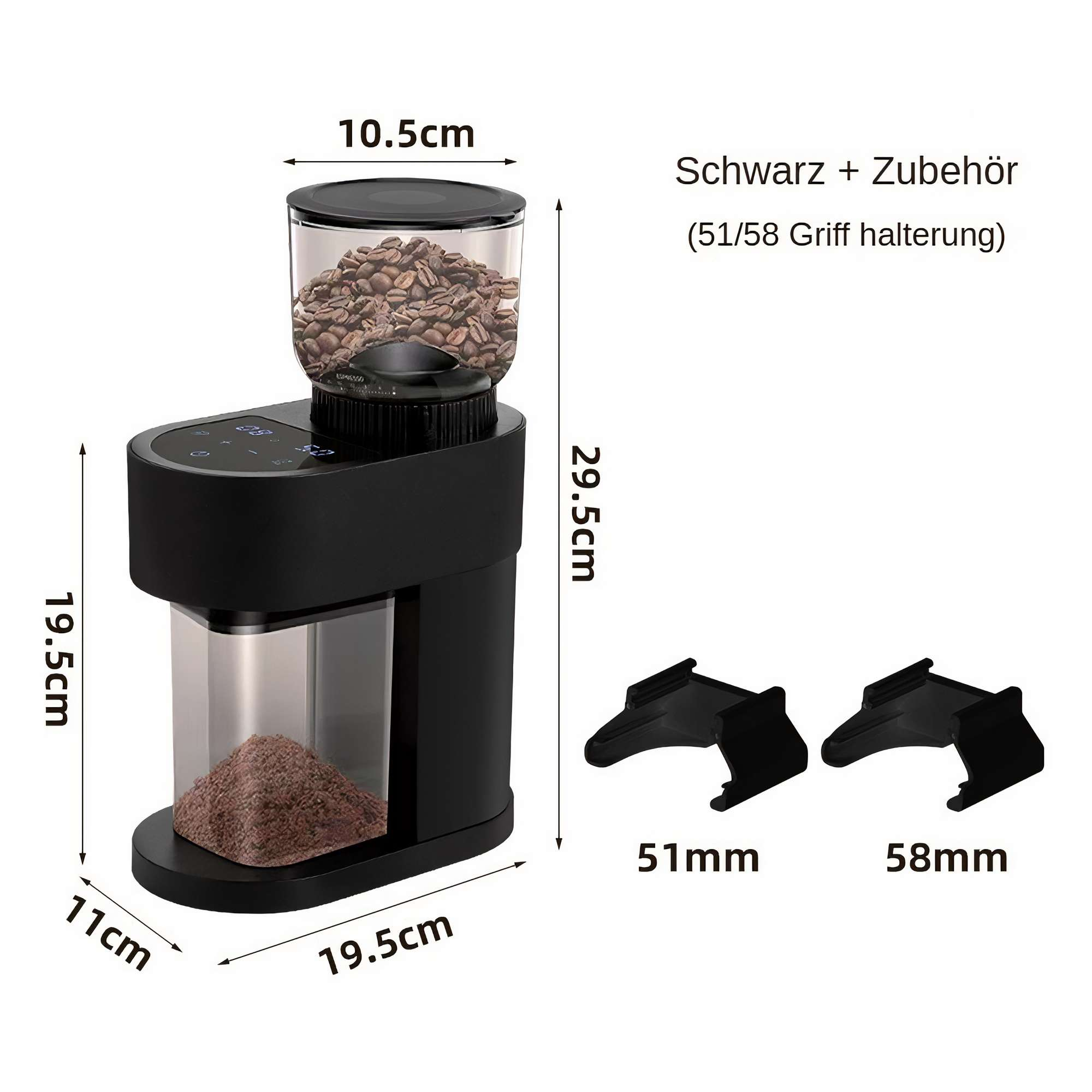 Schwarze Kaffeemühle mit Kaffeebohnen oben und gemahlenem Kaffee unten. Inklusive Zubehör.