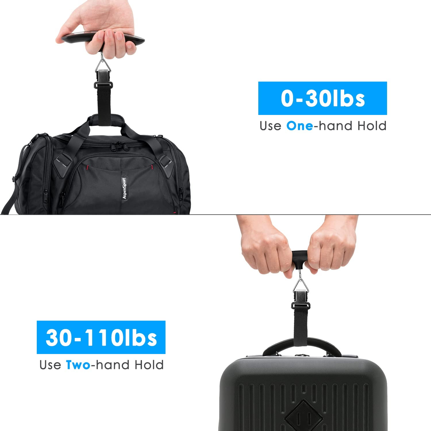 Eine Hand hält eine Gepäckwaage, die an einer schwarzen Tasche befestigt ist. Text zeigt Gewichtsgrenzen und Handhabungsanweisungen.