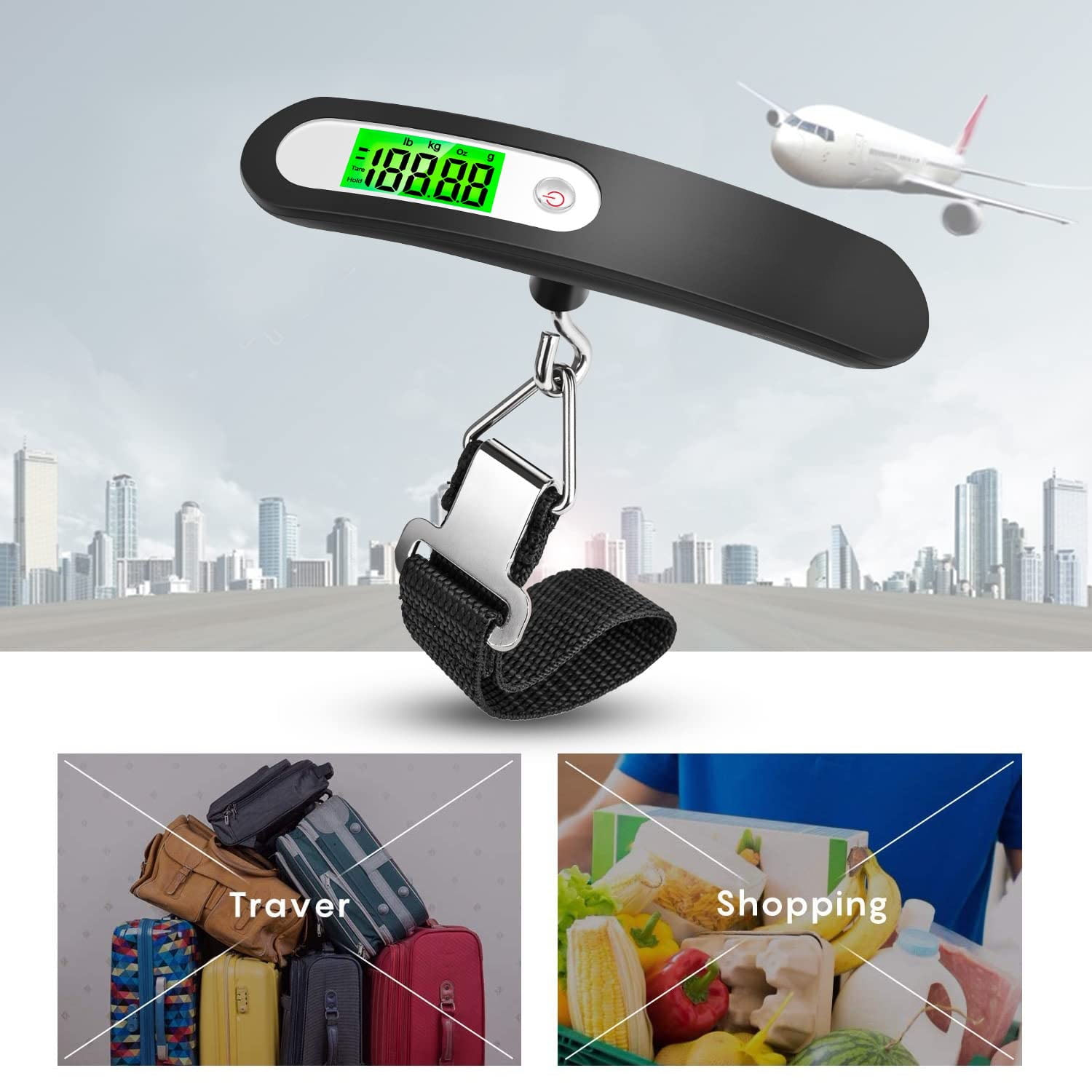 Eine Gepäckwaage mit Digitalanzeige, ein fliegendes Flugzeug, ein Stapel Koffer und ein Einkaufskorb.