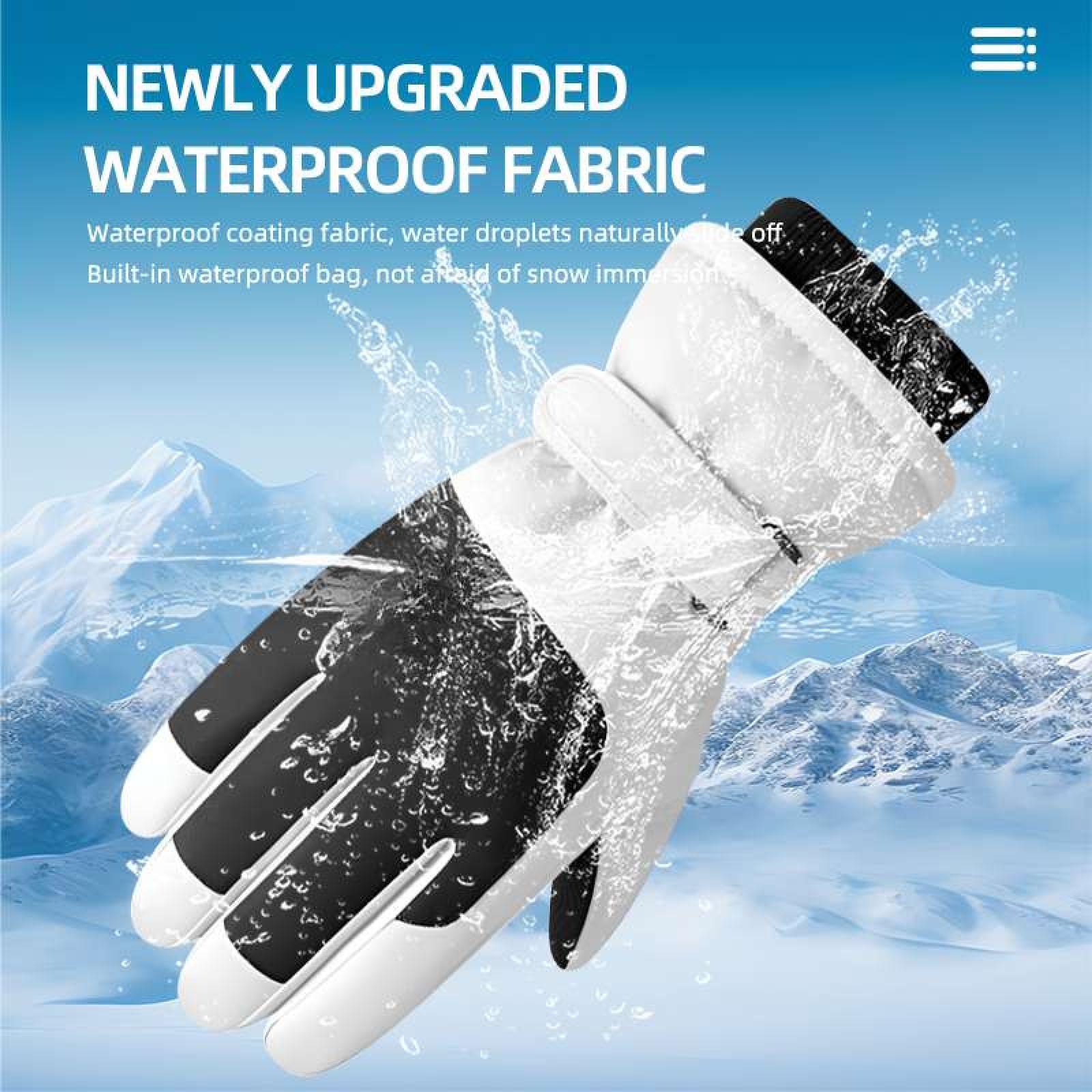 Ein wasserdichter Handschuh mit Wassertropfen. Schwarz-weißer Handschuh mit verschneitem Berggrund. Text: Wasserdichtes Gewebe.