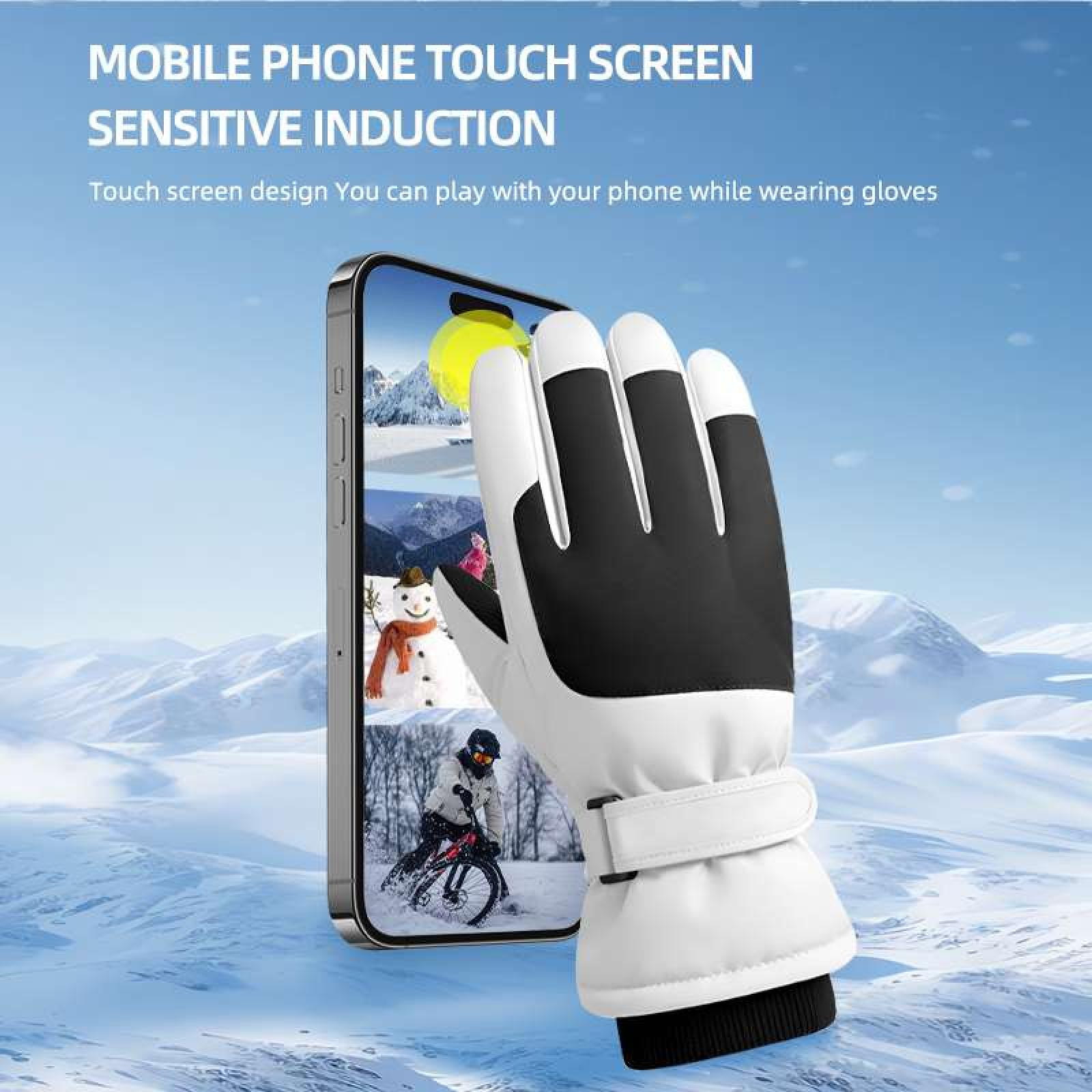 Ein weißer und schwarzer Handschuh neben einem Telefon. Das Telefon zeigt Schneeszenen und Text über Touchscreen.