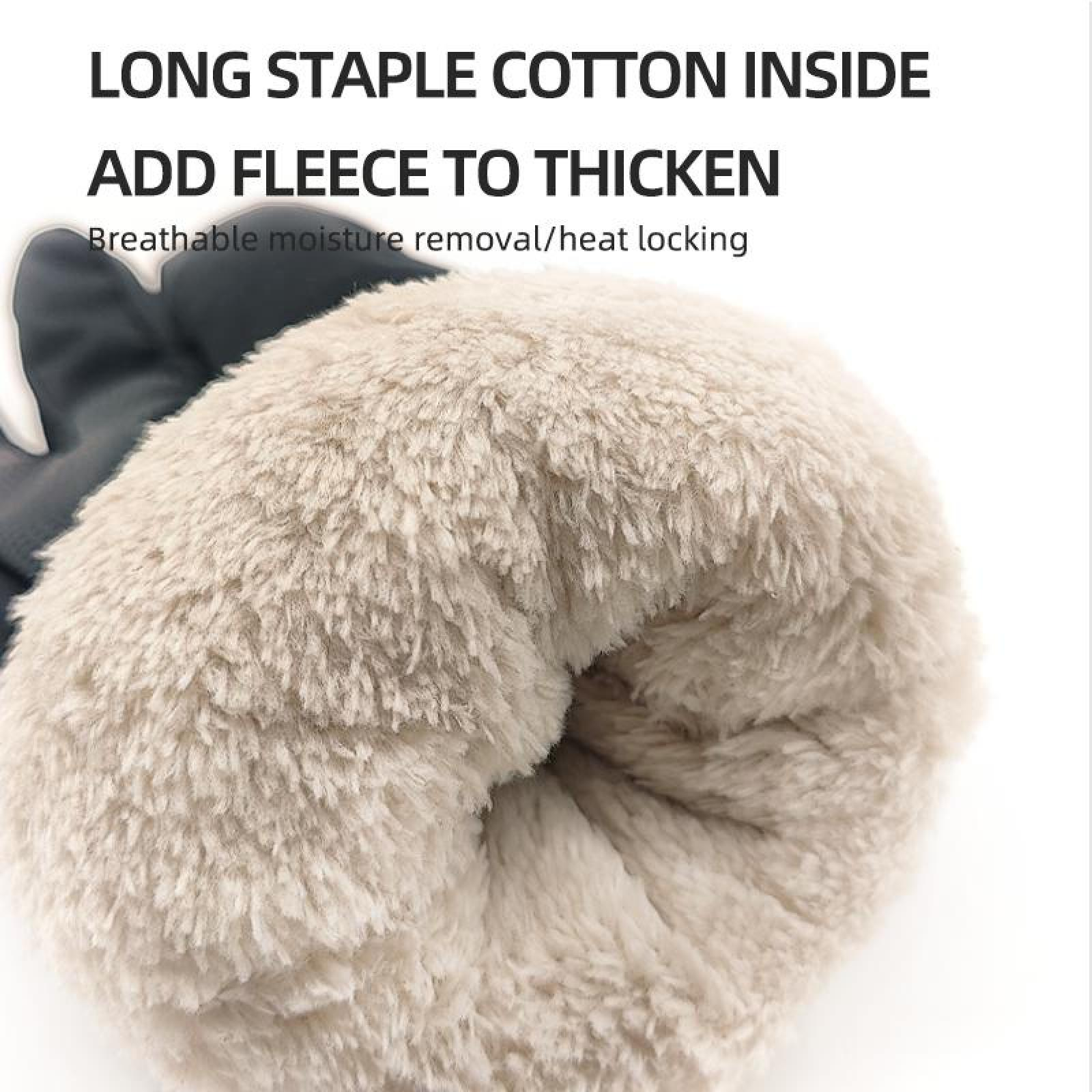 Nahaufnahme eines flauschigen beigefarbenen Fleece. Es ist in einem dunklen Handschuh. Text beschreibt es als lange Stapelbaumwolle und Fleece.
