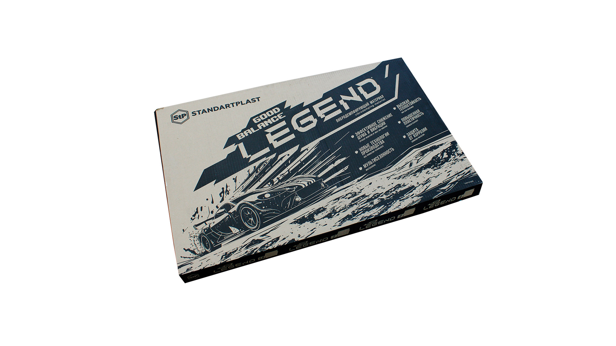 Schachtel mit Legend-Vibrodämpfungsmaterial. Mit Autografik, Produktinformationen und Text in mehreren Sprachen auf weißem Hintergrund.