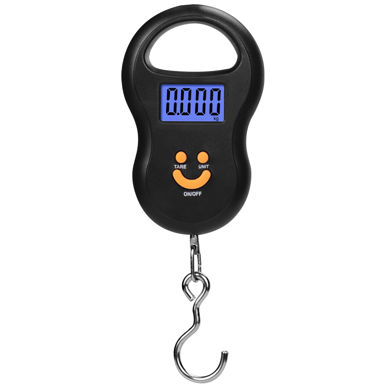 Eine schwarze digitale Hängewaage zeigt 0,000 kg an. Sie hat einen Haken und einen Griff.