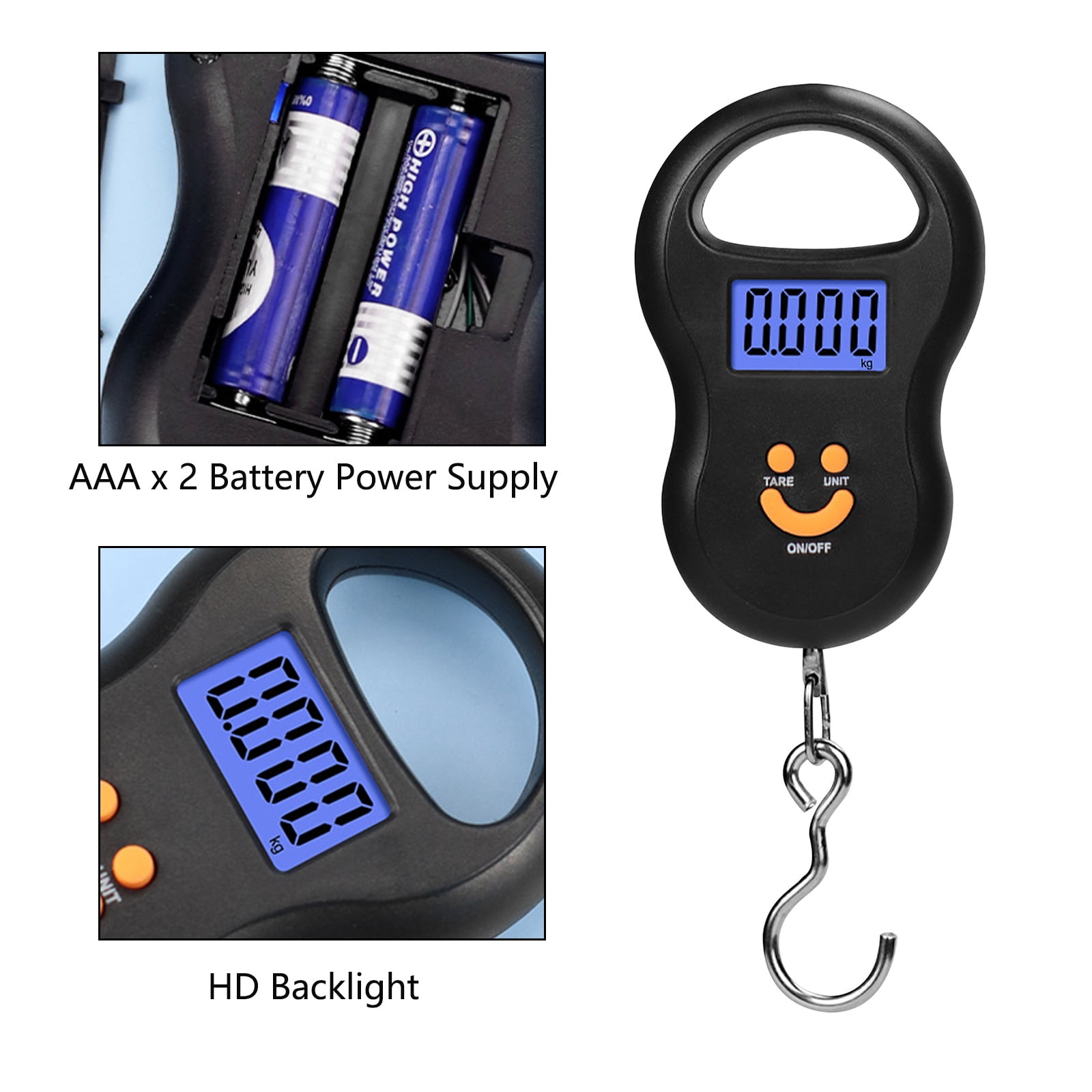 Eine schwarze digitale Hängewaage mit blau beleuchtetem Display. Sie zeigt 0,000 kg an. Es gibt zwei AAA-Batterien und einen Haken.