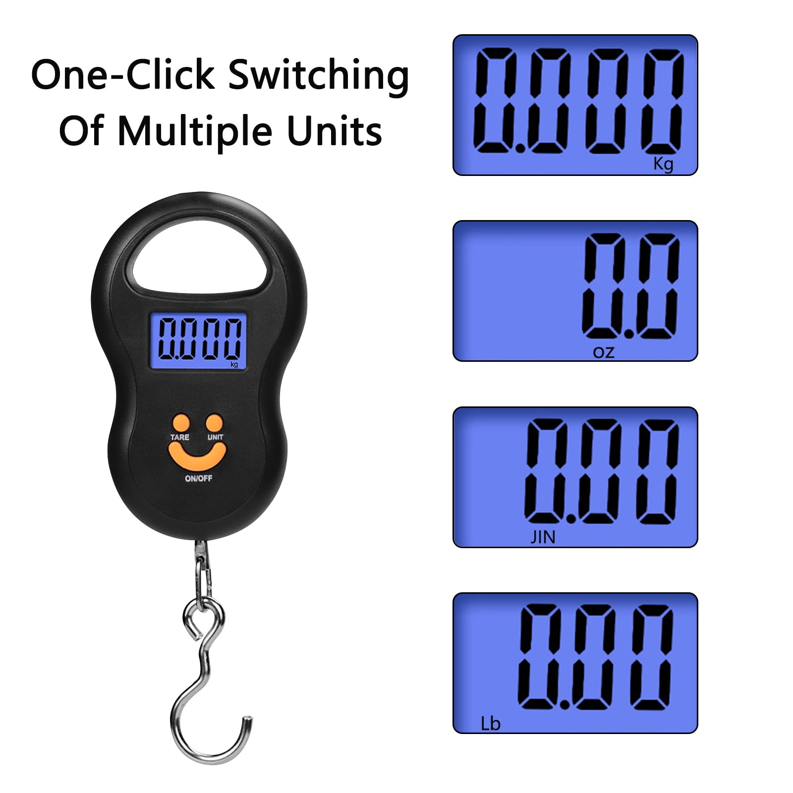 Eine schwarze Digitalwaage mit Haken. Zeigt 0,000 kg, 0,0 oz, 0,00 JIN und 0,00 lb an. Text: One-Click Switching.