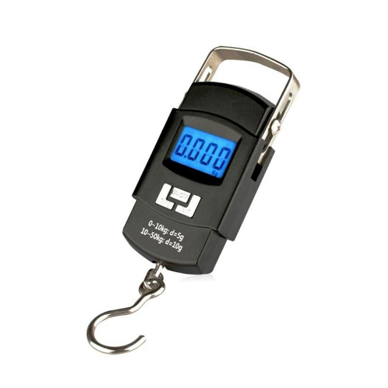 Eine schwarze digitale Gepäckwaage. Sie hat eine blaue Anzeige mit 0,000 kg. Unten befindet sich ein Metallhaken.