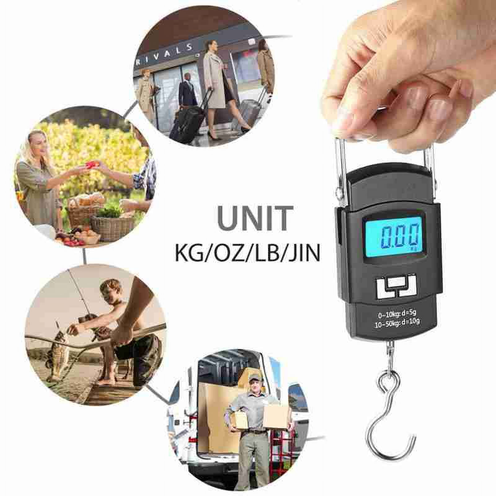 Hand hält eine digitale Waage mit Haken. Szenen von Menschen, die Lebensmittel kaufen, angeln und Kisten liefern, sind in Kreisen dargestellt.