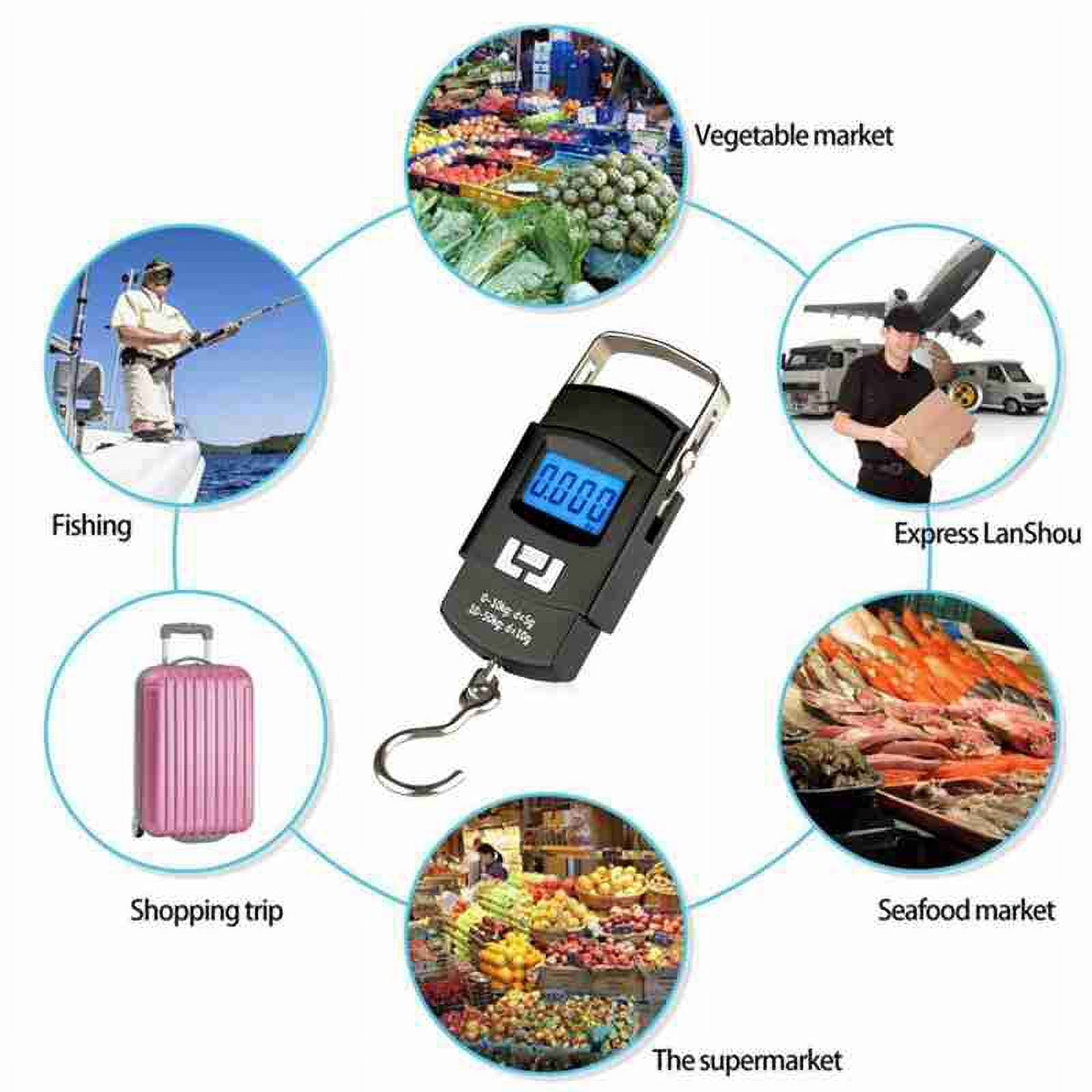Eine Digitalwaage mit Bildern von Angeln, Einkaufen, Gemüsemarkt, Supermarkt, Fischmarkt und Express-Service.