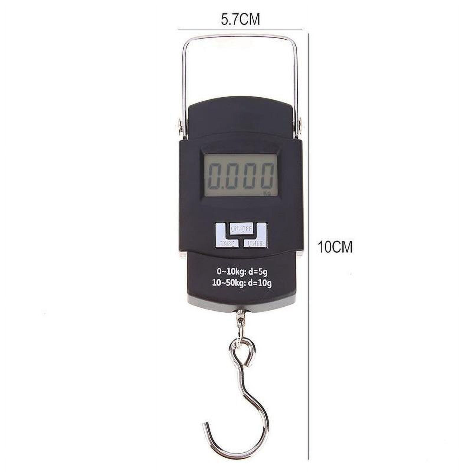 Eine schwarze digitale Hängewaage zeigt 0,000 kg an. Sie hat unten einen Haken und oben einen Griff.