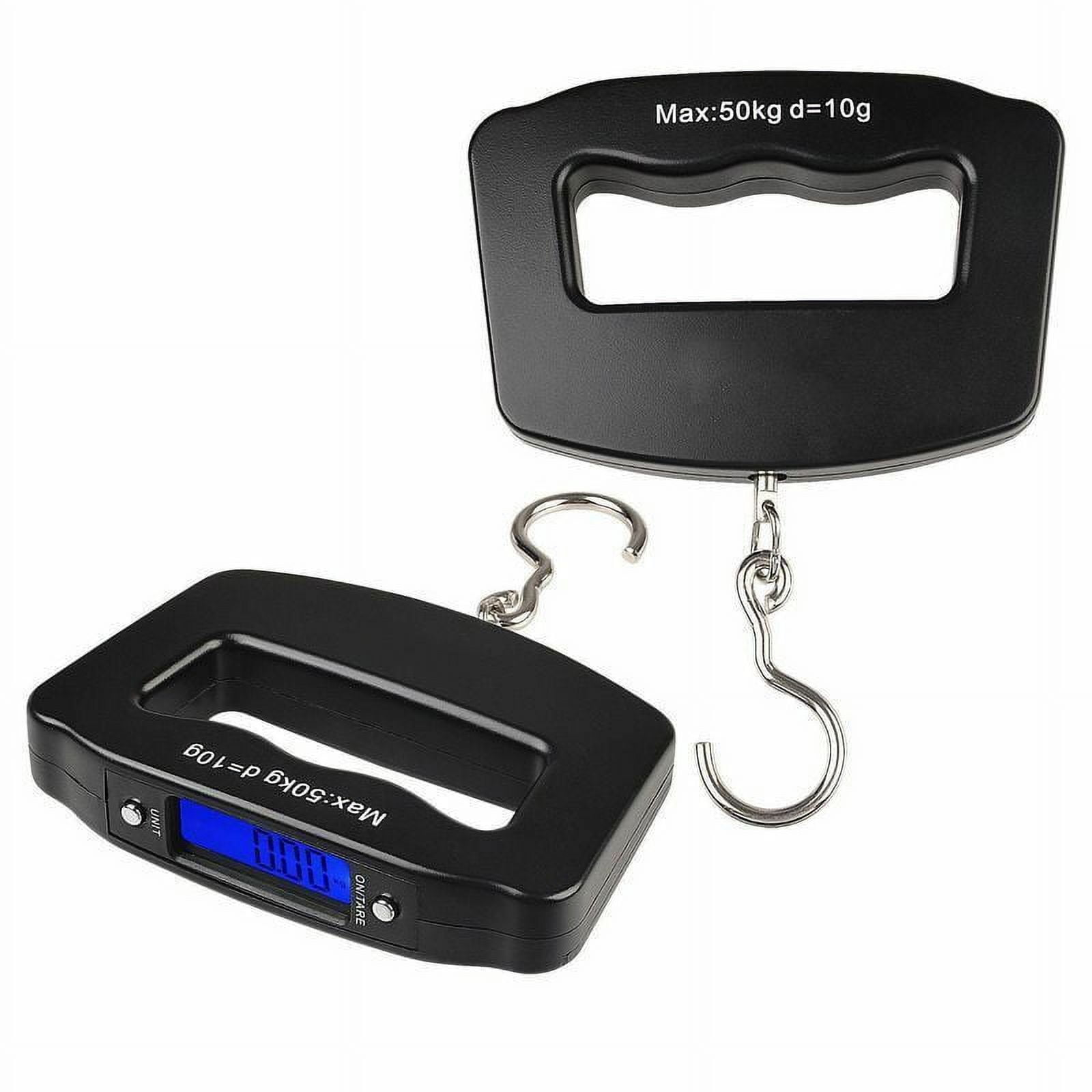Schwarze digitale Hängewaage. Zeigt das Gewicht an und hat einen Haken für Gegenstände. Max:50kg d=10g.