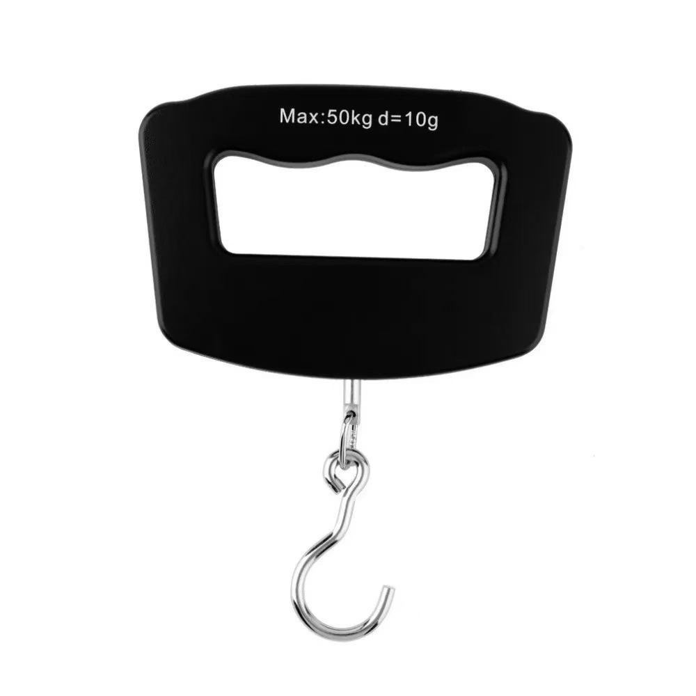 Eine schwarze Hängewaage mit Haken. Sie hat einen Griff mit dem Text 'Max:50kg d=10g'. Der Haken ist silberfarben. Der Hintergrund ist weiß.
