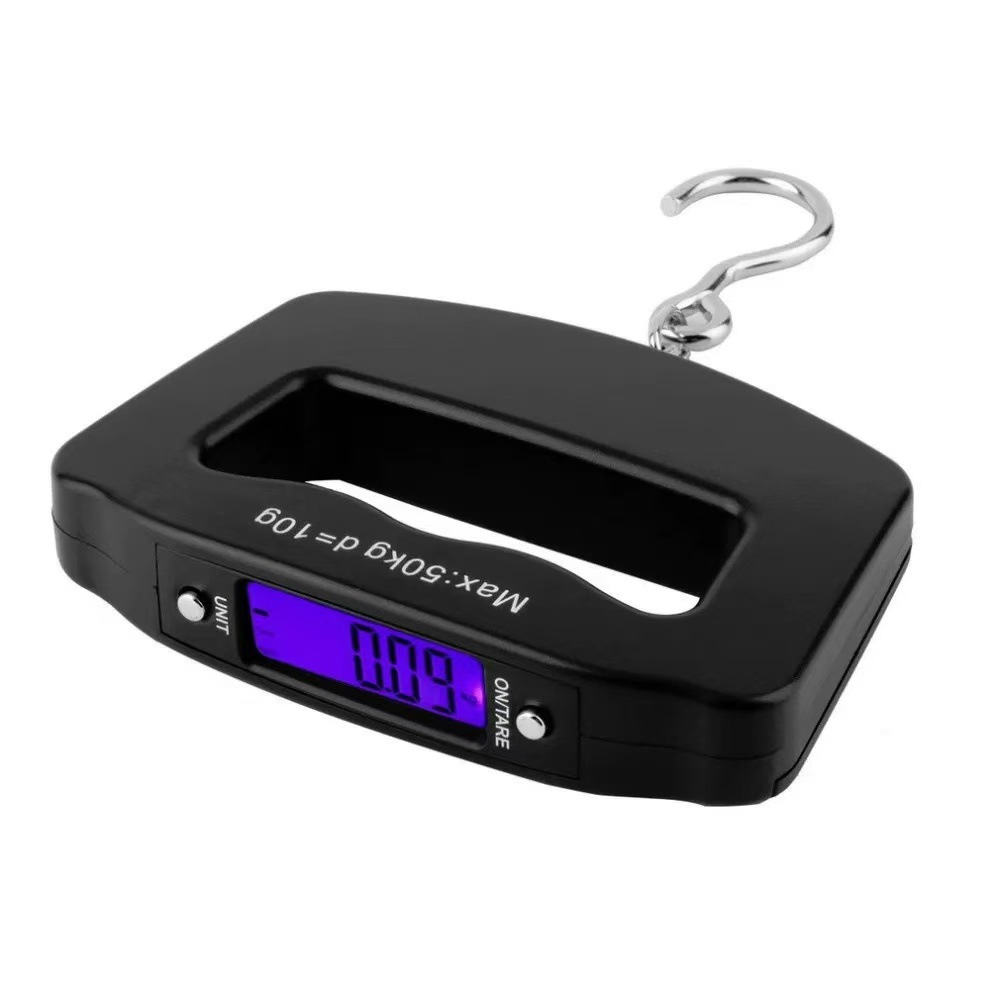 Eine schwarze digitale Hängewaage mit blauem Display, das 0,09 anzeigt. Oben ist ein silberner Haken befestigt.