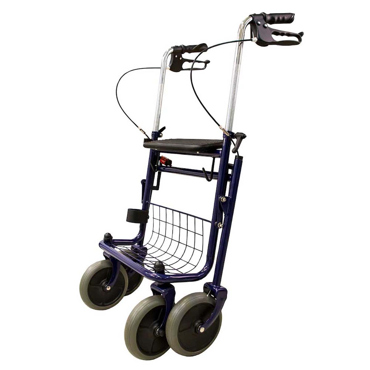 Ein blauer Rollator mit vier grauen Rädern. Er hat einen Sitz, Griffe und einen Korb zur Aufbewahrung.