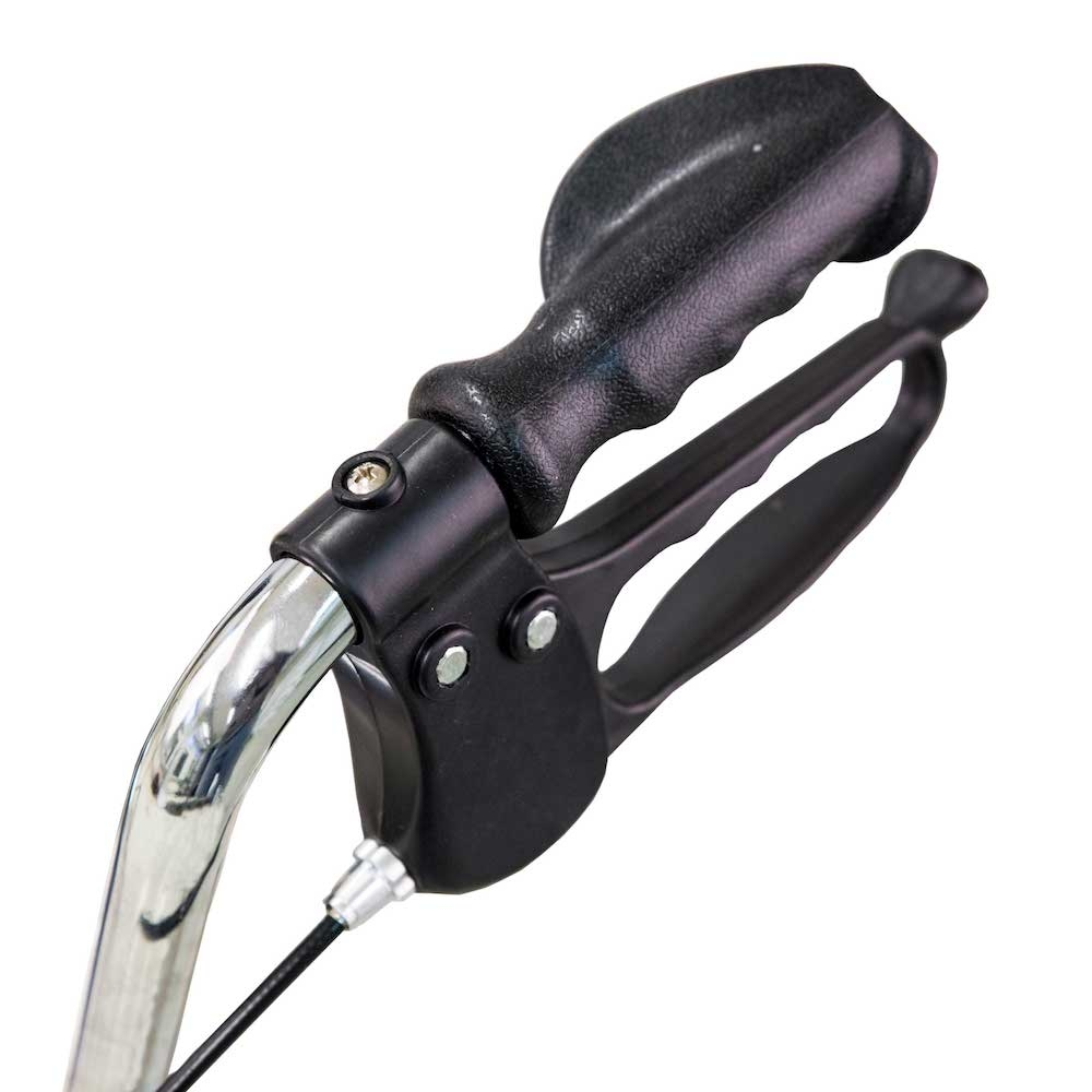 Nahaufnahme eines schwarzen Walker-Griffs mit Chromstange. Der Griff hat einen Griff und einen Bremshebel. Ein Kabel erstreckt sich von der Bremse.