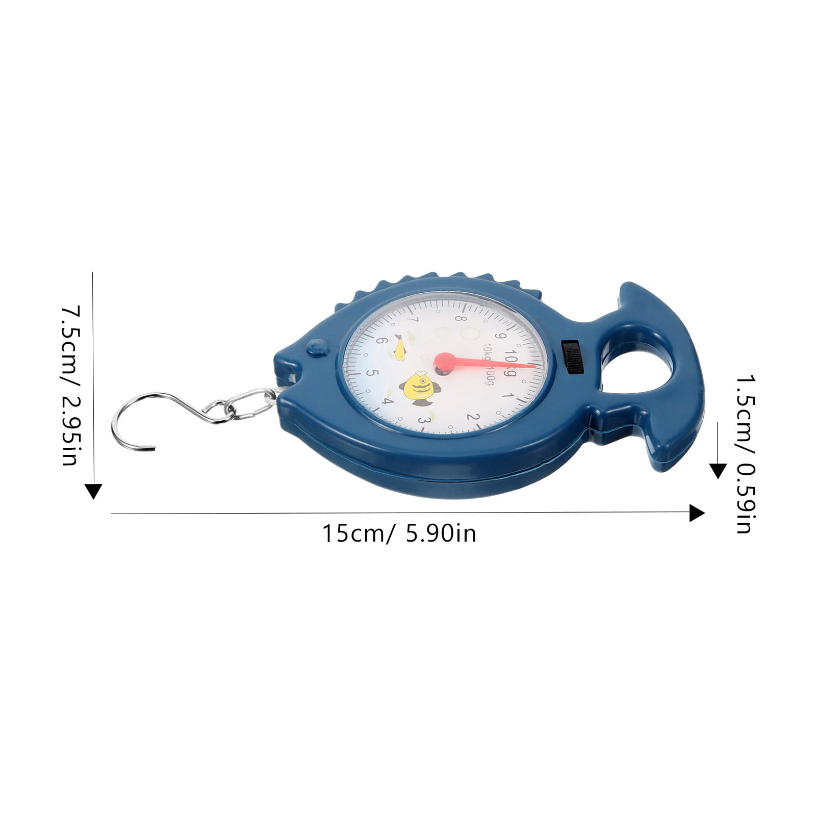 Eine blaue fischförmige Waage mit Haken. Die Waage zeigt 10 kg an. Abmessungen sind angegeben.