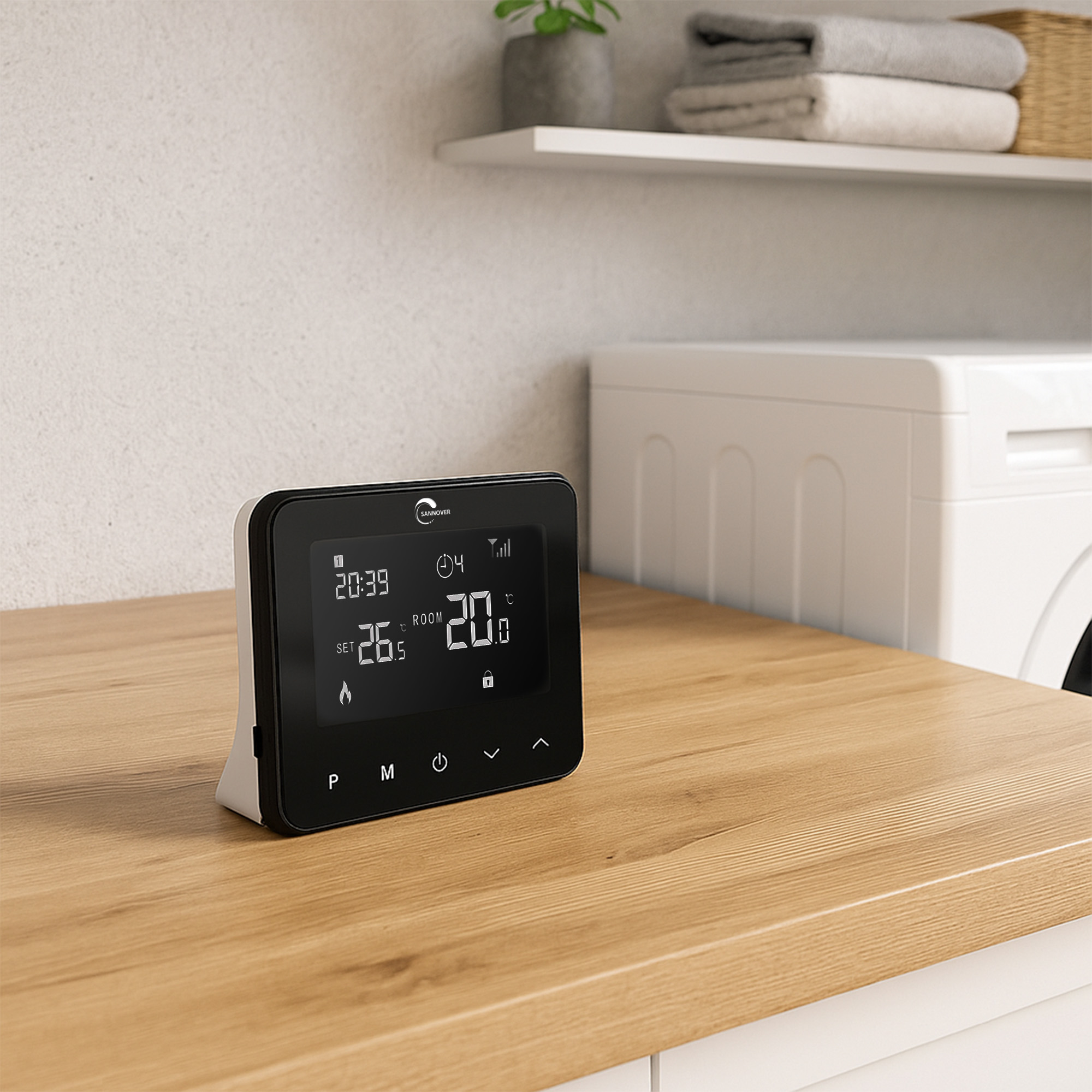 A digital thermostat sits on a wooden surface. It displays time, temperature, and settings. A washing machine is in the background.