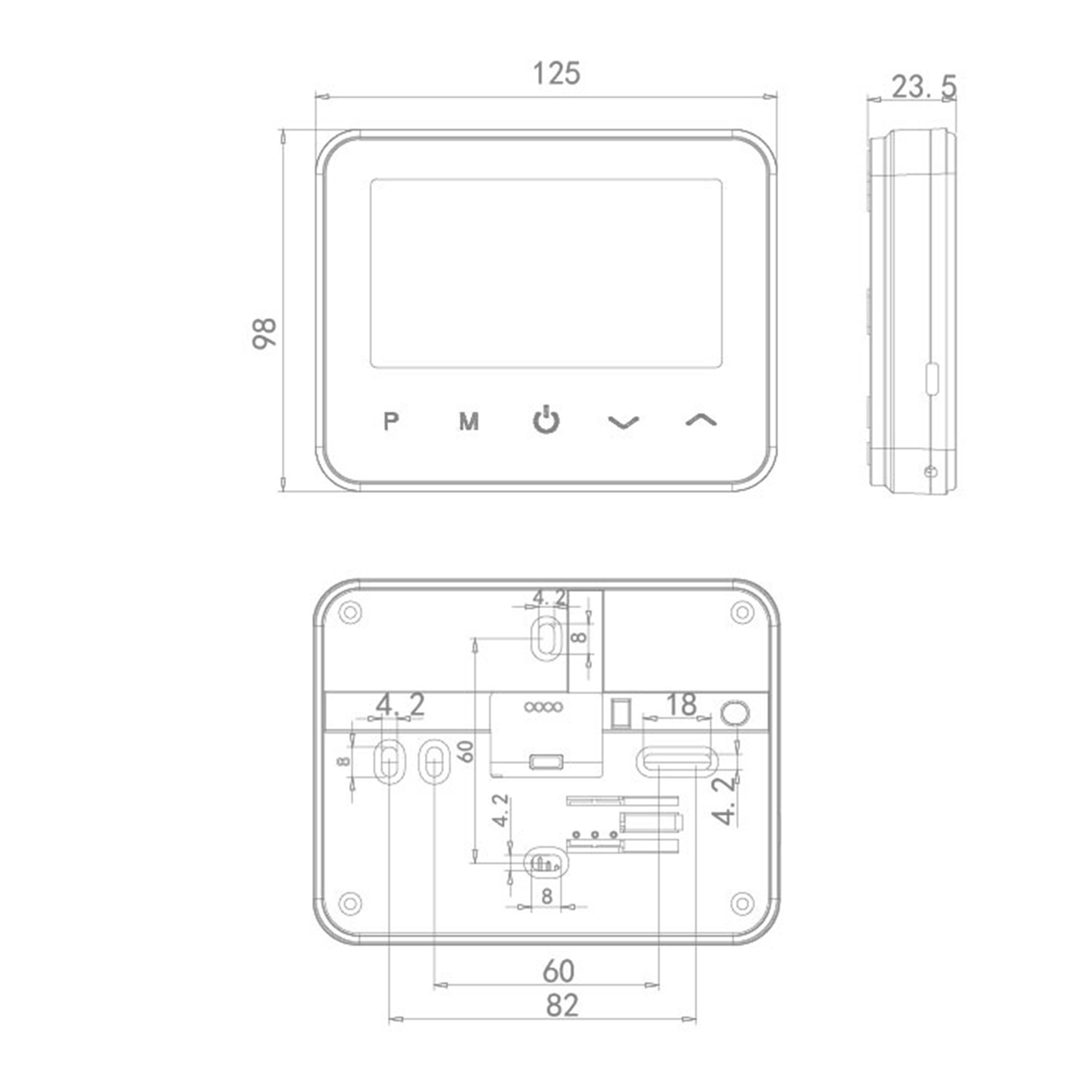 Technical drawing of a thermostat with dimensions. Shows the front, side and back of the device.