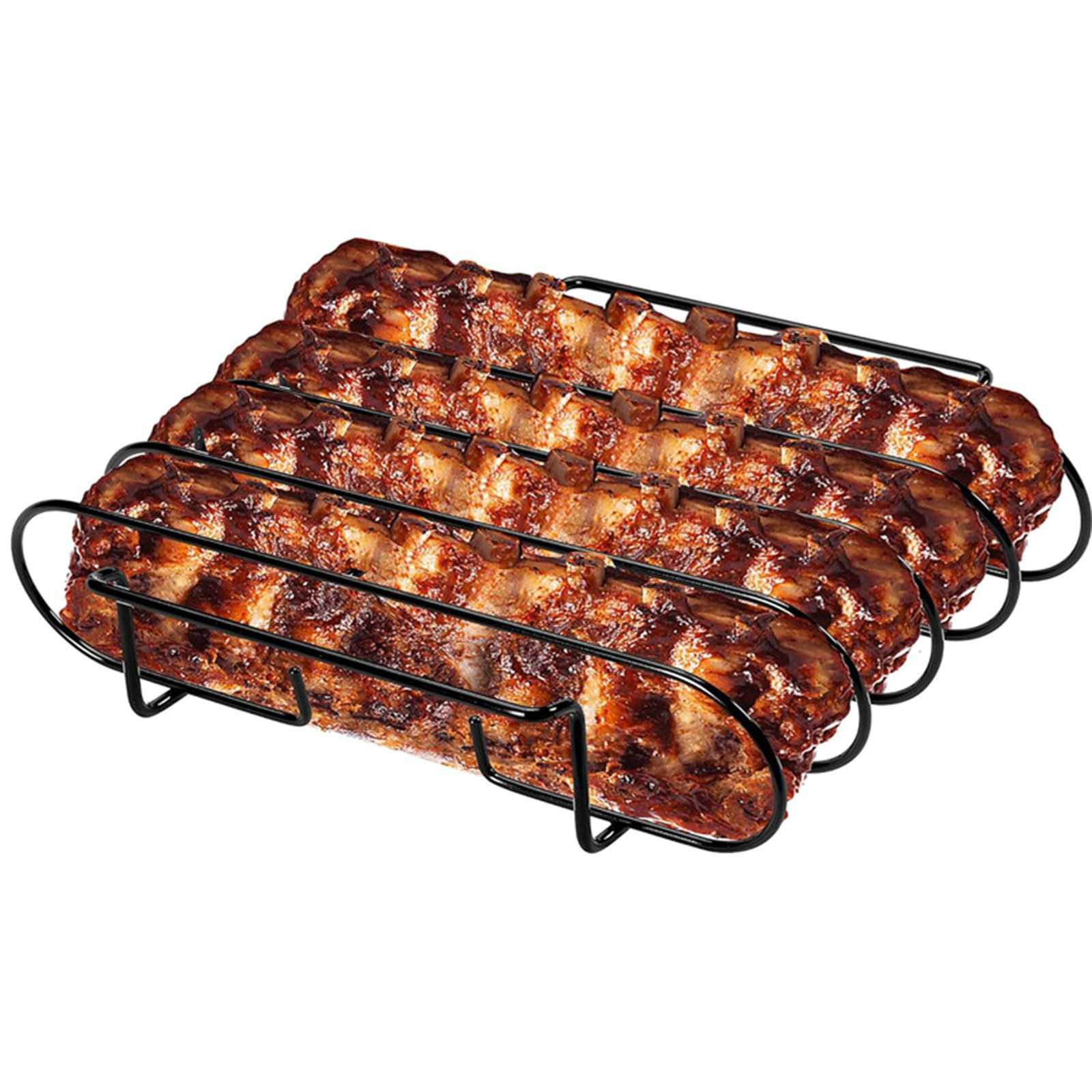 Gekochte Rippchen in einem schwarzen Metallgestell. Die Rippchen sind braun mit Sauce. Der Ständer hat gebogene Stützen.