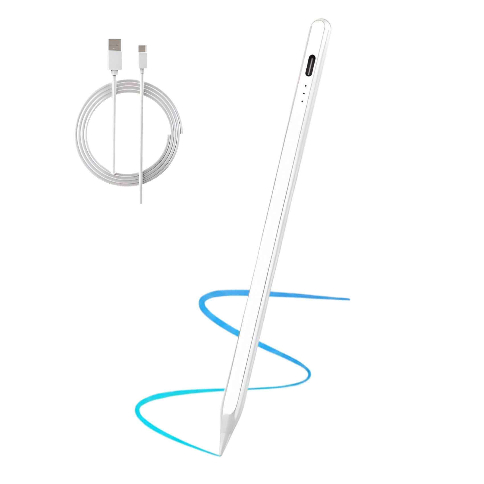 Weißer Stift mit Ladekabel. Eine blaue Linie scheint gezogen zu werden. Weißer Hintergrund.
