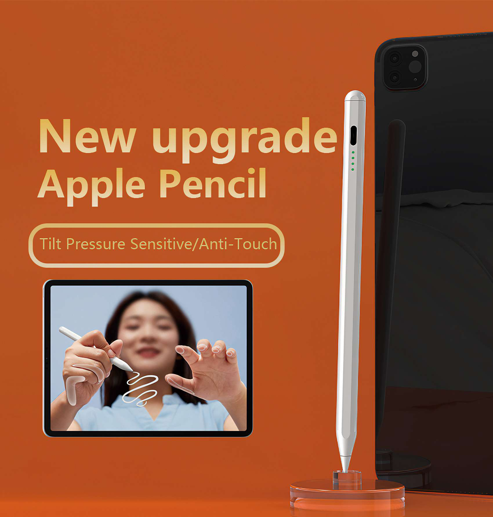 Das Bild zeigt einen Apple Pencil, ein iPad und den Text 'New upgrade Apple Pencil'. Eine Person zeichnet auf dem iPad.