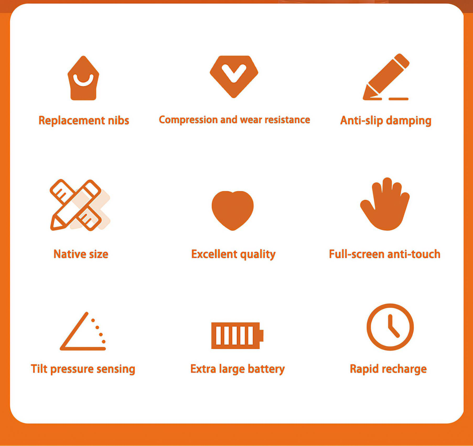Eine orangefarbene Grafik zeigt Symbole und Text zu einem Produkt: Ersatzspitzen, Verschleißfestigkeit, Anti-Rutsch, Originalgröße, Akku usw.