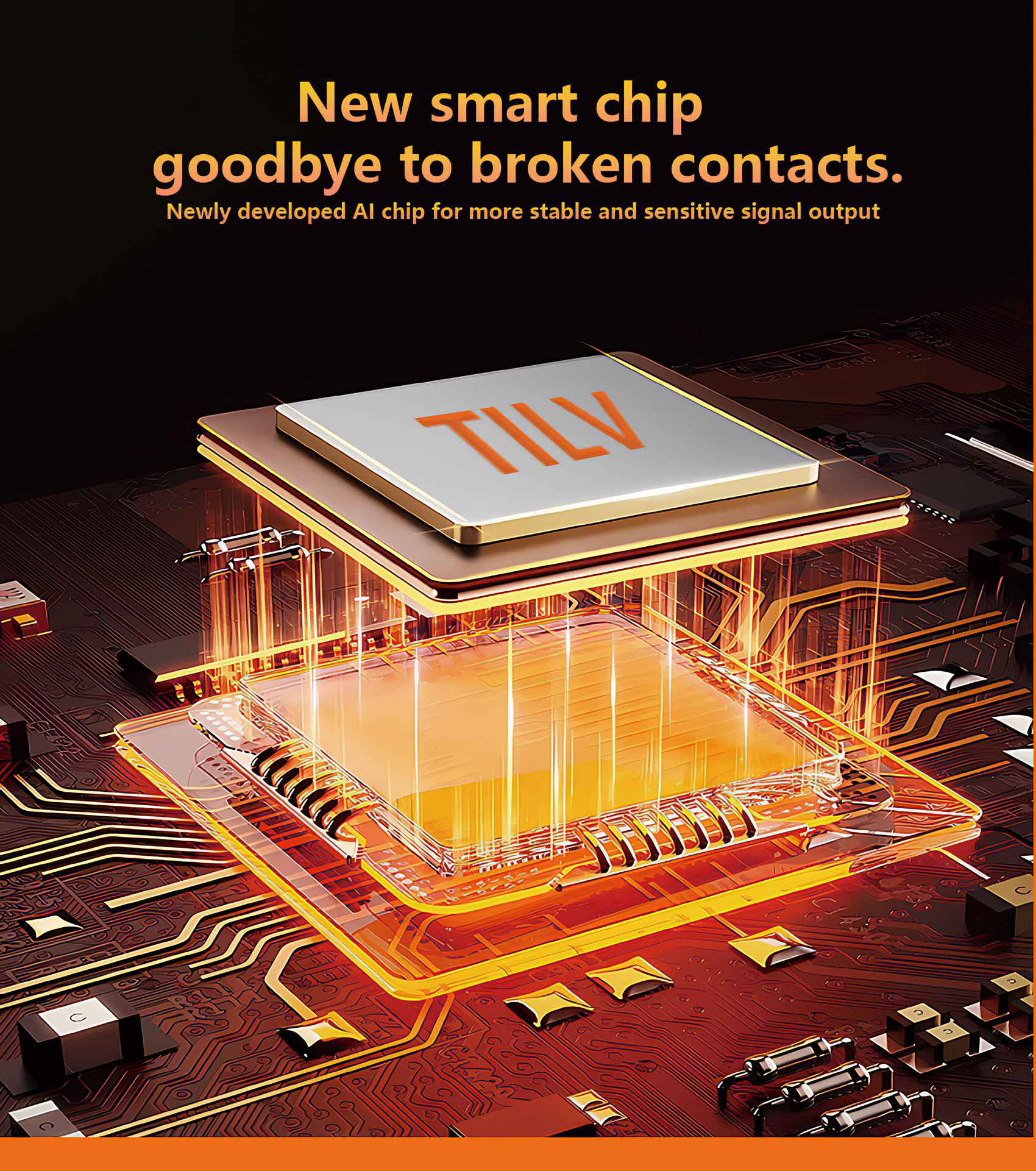 Eine Grafik zeigt eine Platine mit einem Chip mit der Aufschrift 'TILV'. Orangefarbenes Licht strömt aus und veranschaulicht KI-Technologie.
