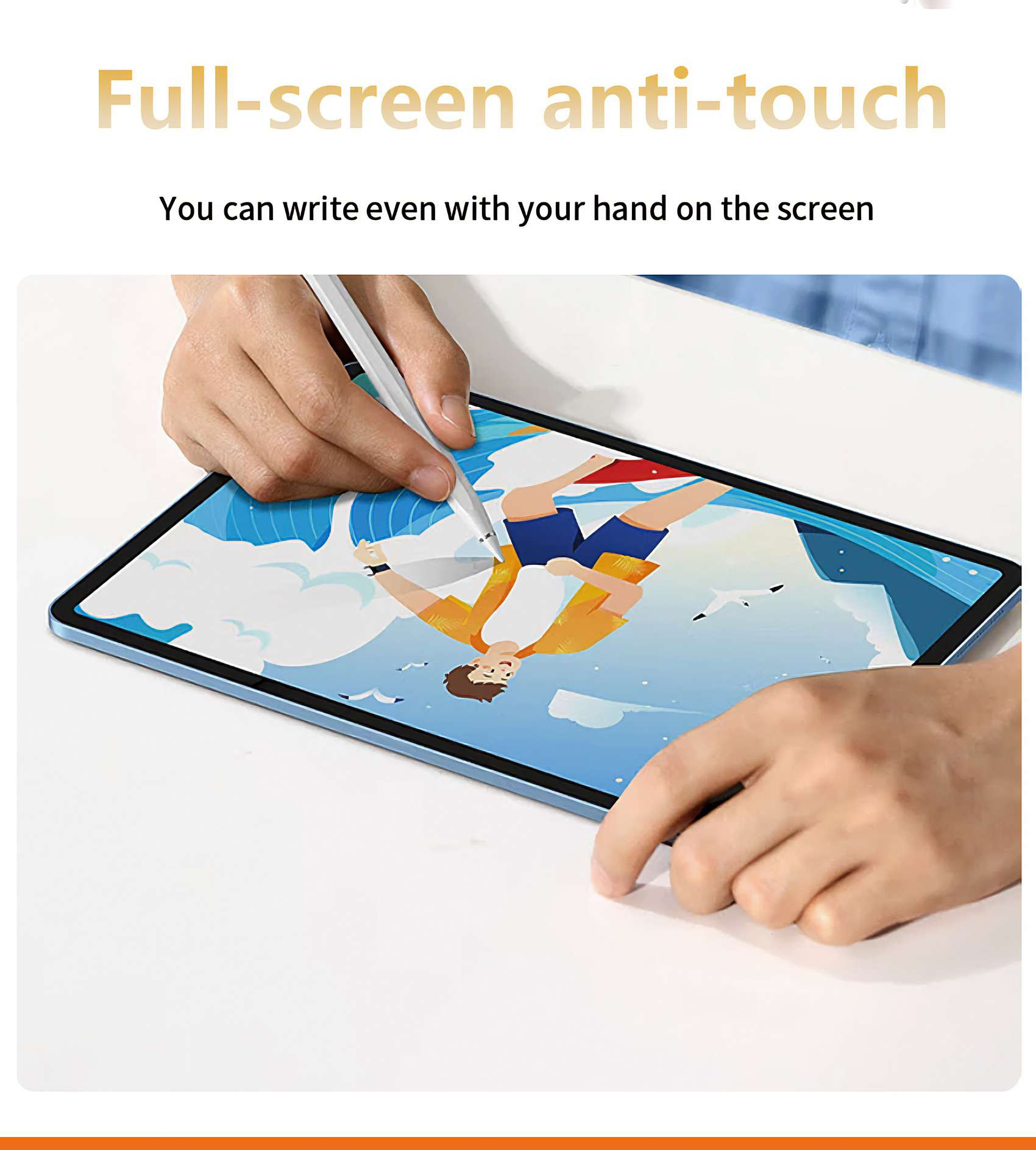 Eine Hand schreibt mit einem Stift auf einem Tablet. Der Bildschirm zeigt eine Illustration einer Person.