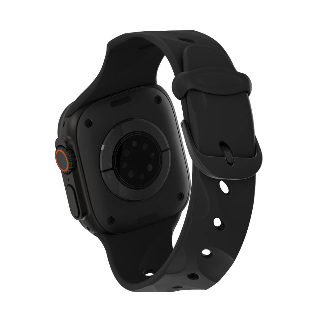 È mostrato uno smartwatch nero con cinturino nero. L'orologio ha un quadrante arancione e un sensore nero sul retro.