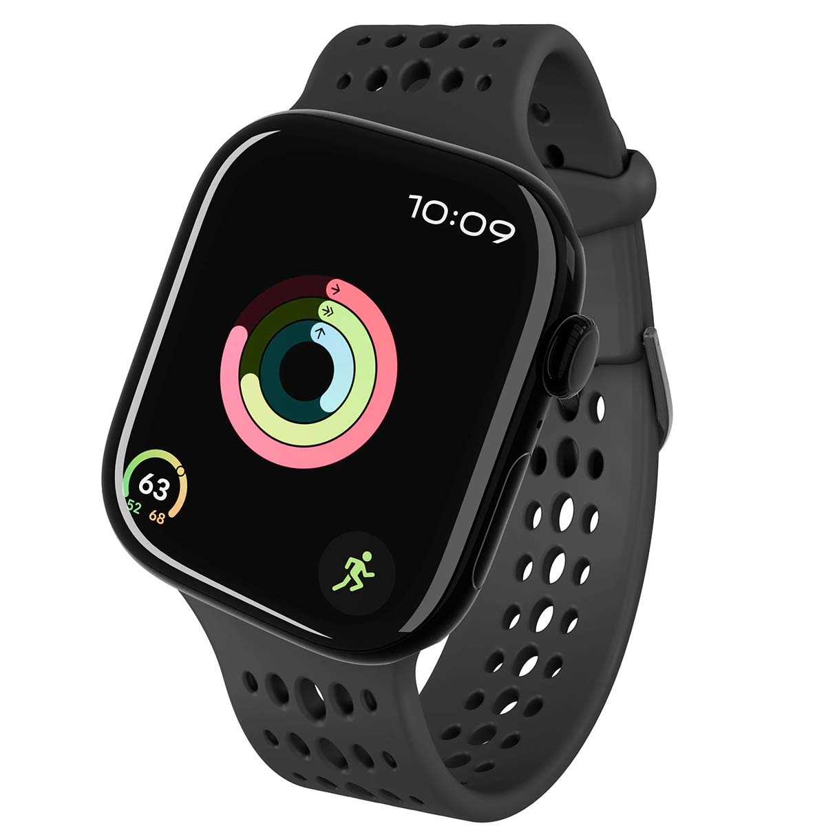 Apple Watch nera con cinturino nero, mostra dati fitness. Mostra l'ora, gli anelli di attività e l'icona di allenamento.