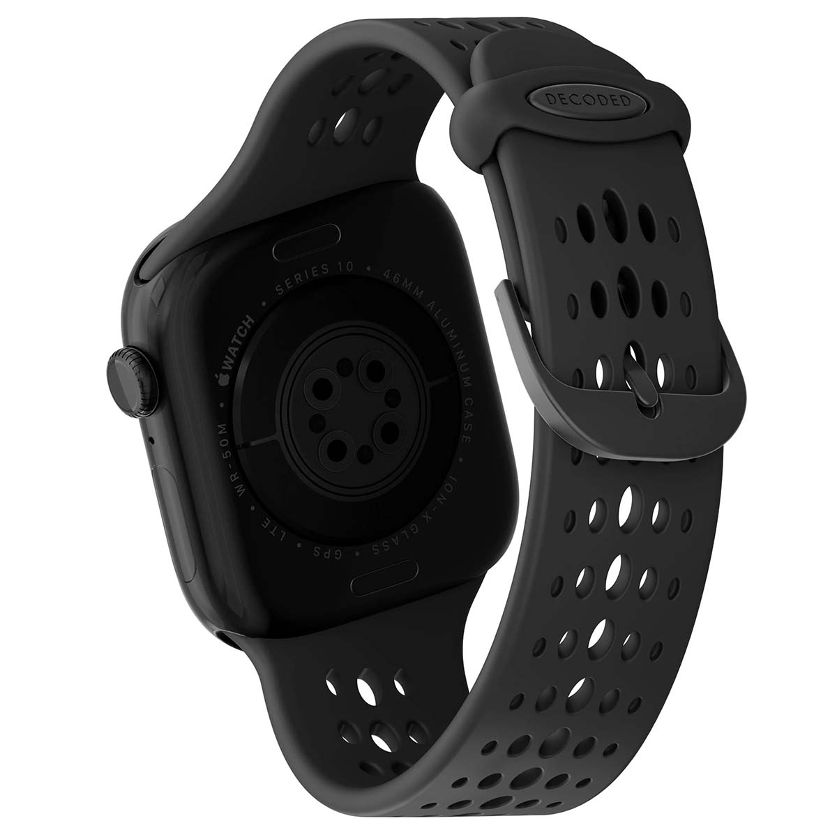 Un Apple Watch nero con cinturino abbinato. Il quadrante mostra dettagli come 'Series 10' e 'GPS'. Il cinturino ha diversi fori.