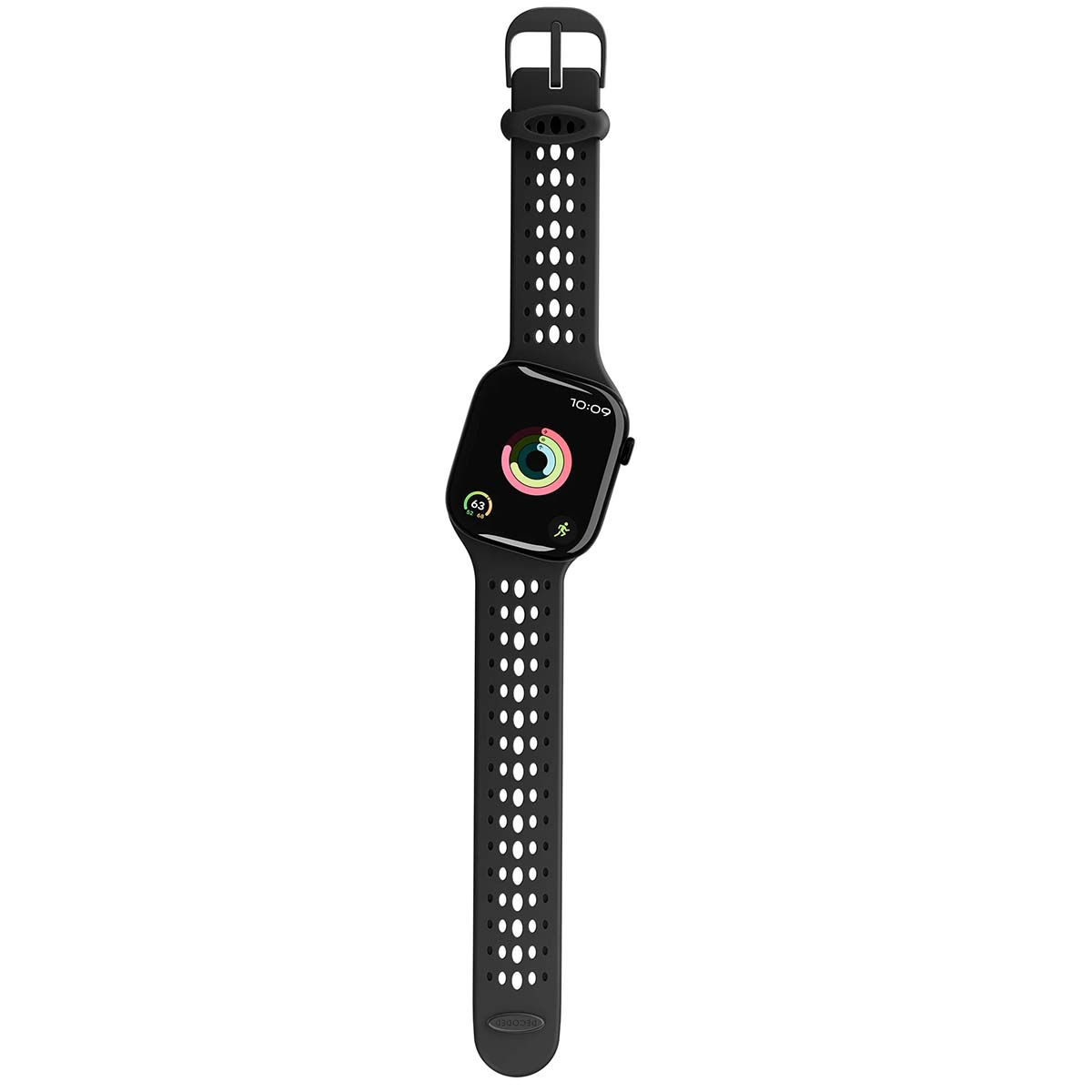 Uno smartwatch nero con cinturino traforato. Il quadrante mostra anelli di attività e ora. Il cinturino è allacciato.