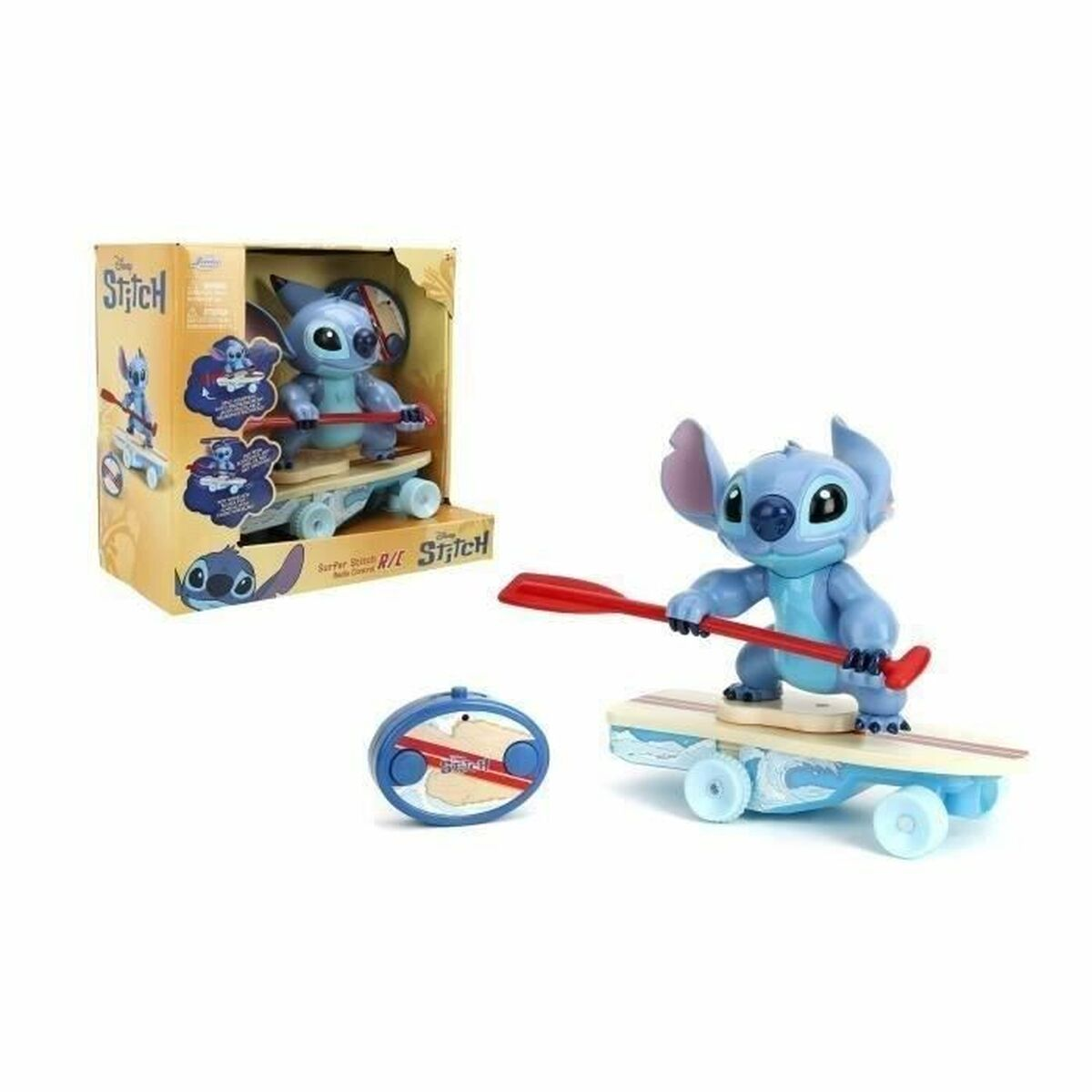 Stitch-Spielzeug auf einem Surfbrett mit Paddel. Es gibt eine Box, die das Spielzeug zeigt. Eine Fernbedienung ist ebenfalls sichtbar.