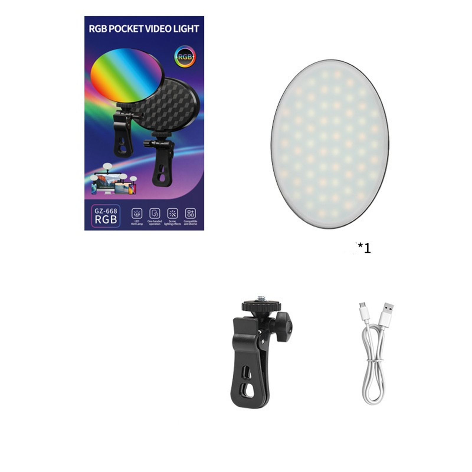 Das Bild zeigt ein Taschen-Videoleuchten-Kit. Es enthält die Leuchte, einen Clip, ein Ladekabel und eine Produktbox.