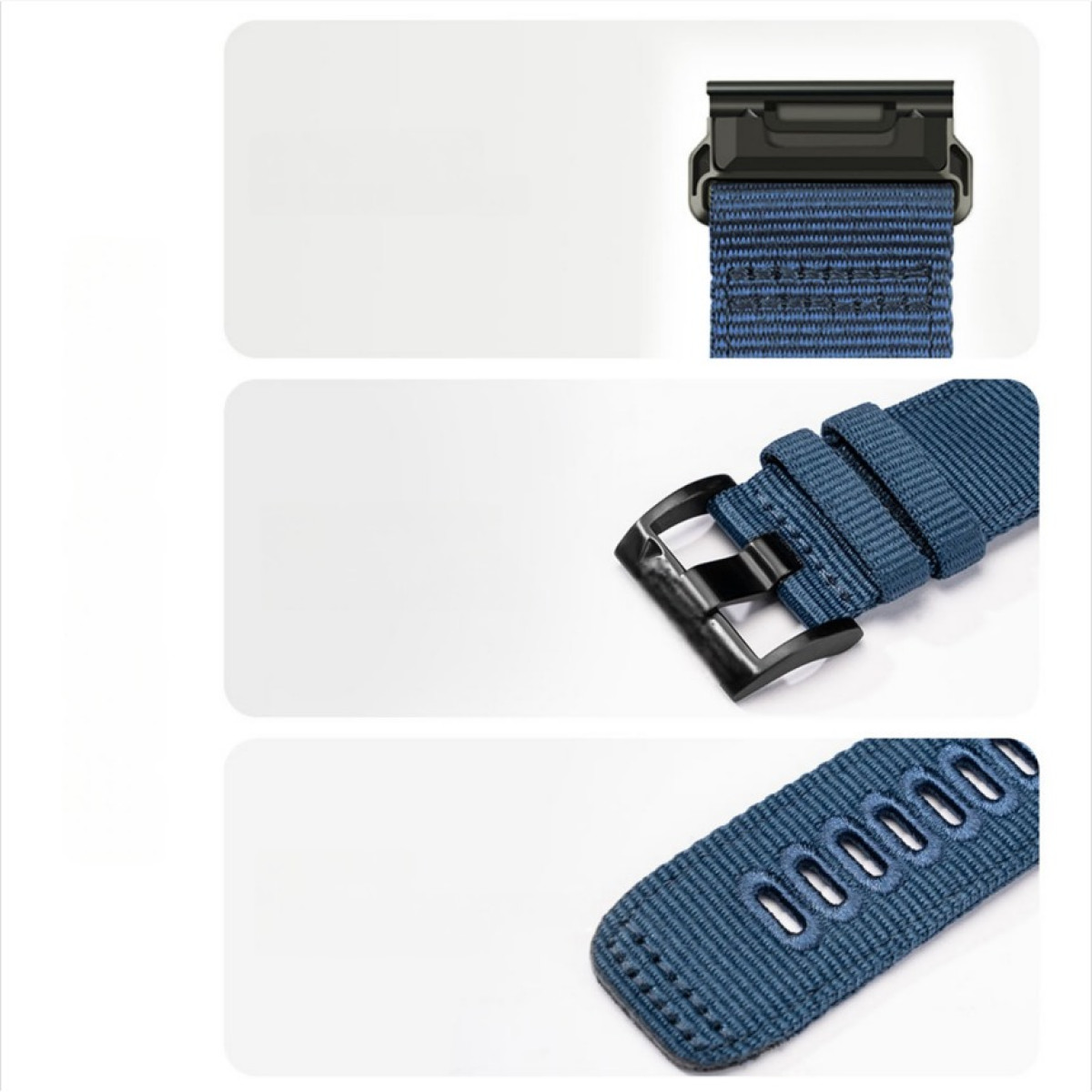 Nahaufnahme eines blauen Uhrenarmbands mit schwarzer Schnalle und Löchern. Weißer Hintergrund und abgerundete Rechtecke. Das Band ist strukturiert.