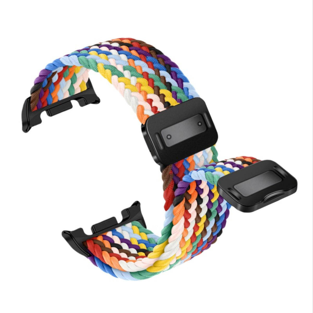 Ein geflochtenes Uhrenarmband mit verschiedenen Farben, darunter Blau, Orange und Weiß. Schwarze Anschlüsse auf weißem Hintergrund.