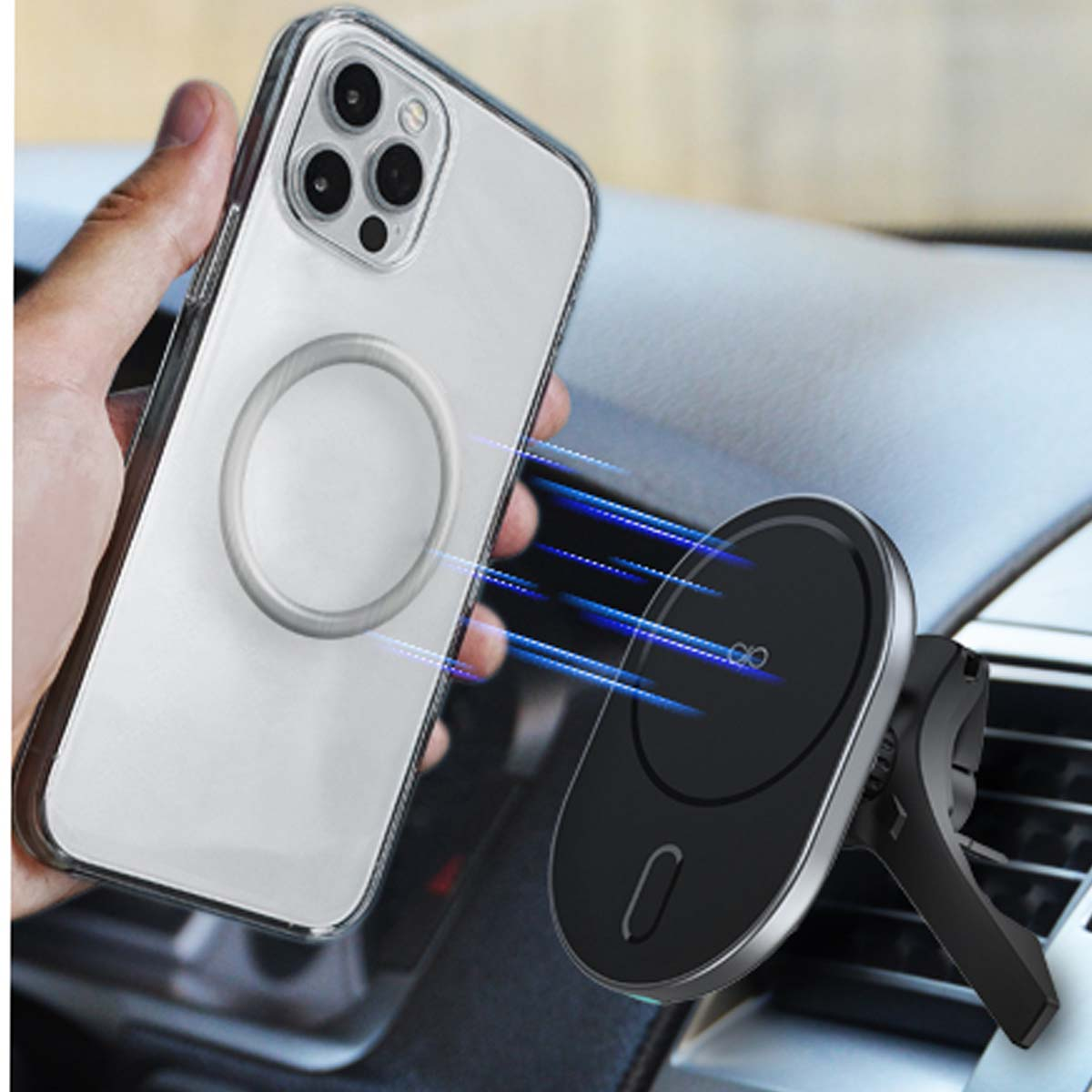 Una mano sostiene una funda transparente para teléfono con un teléfono. Hay un soporte para automóvil negro al lado. Líneas azules indican la conexión magnética.