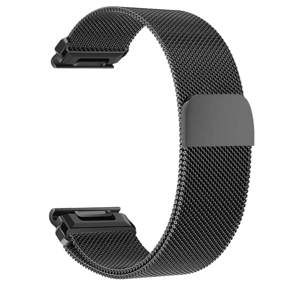 Ein schwarzes Mesh-Uhrenarmband, gebogen. Es hat einen Magnetverschluss und Anschlüsse. Das Band besteht aus feinem, verwobenem Metall.