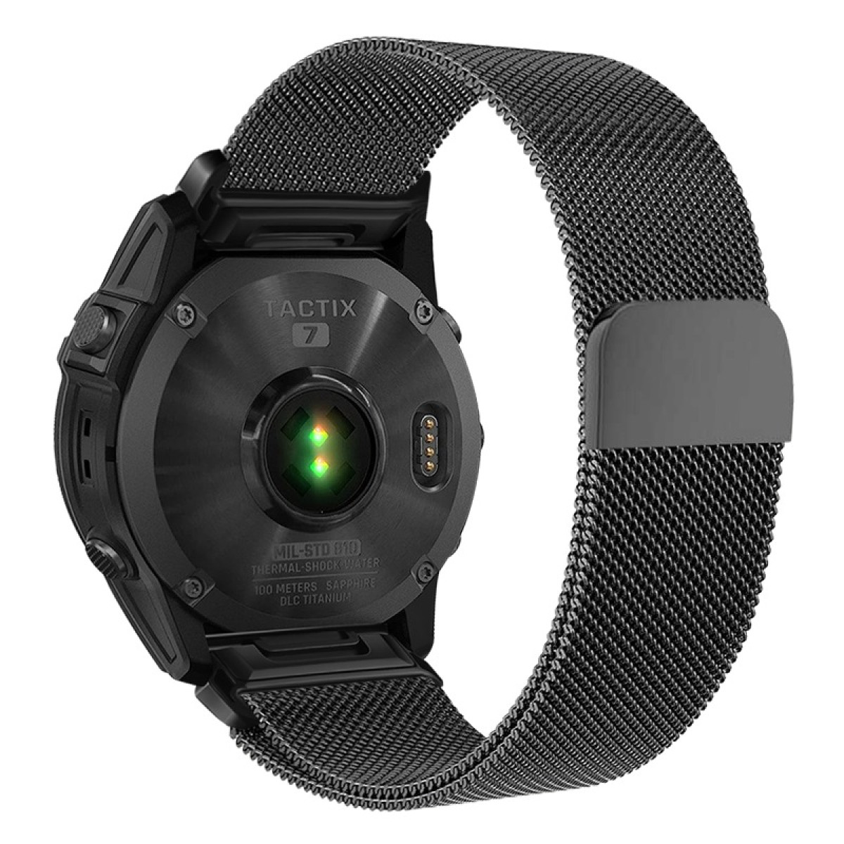 Schwarze Smartwatch mit Metallmesh-Armband. Die Rückseite der Uhr zeigt Sensoren und Details. Das Armband ist verbunden und gebogen.