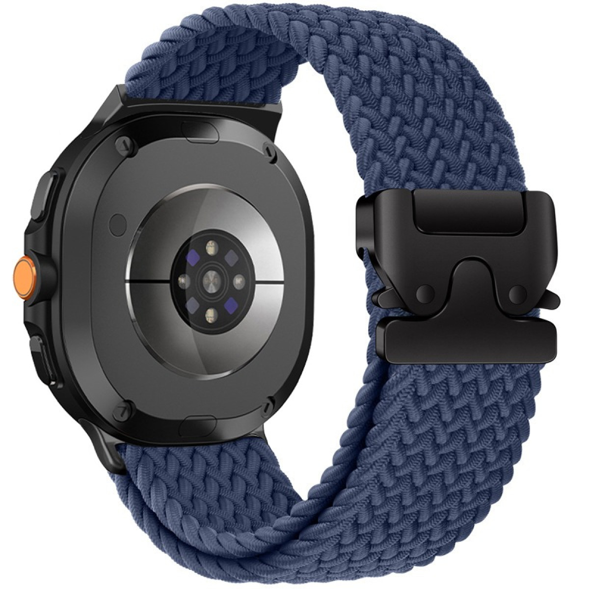 Primo piano di uno smartwatch con cinturino blu intrecciato e chiusura nera. L'orologio è nero con un pulsante arancione.