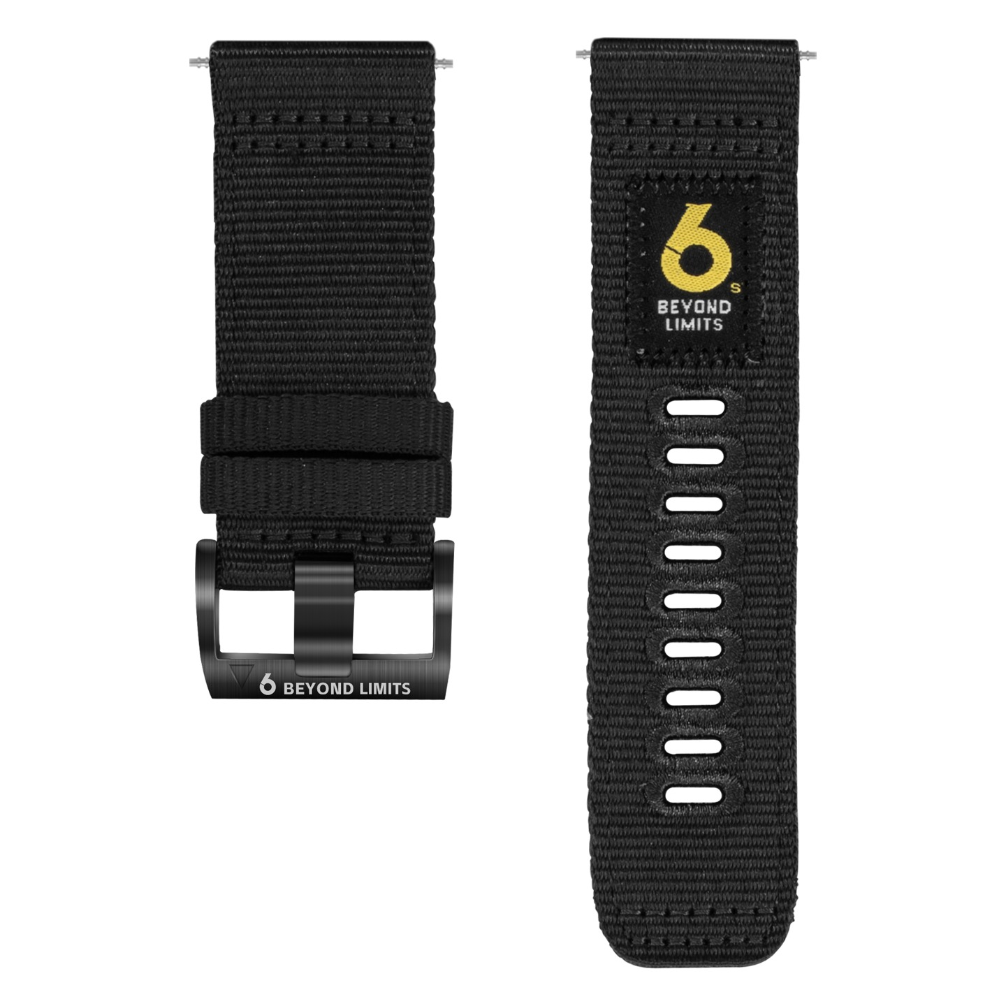 Zwei schwarze Uhrenarmbänder. Eines hat eine Schnalle, das andere ein Logo mit der Aufschrift '6 Beyond Limits'. Beide haben Löcher.