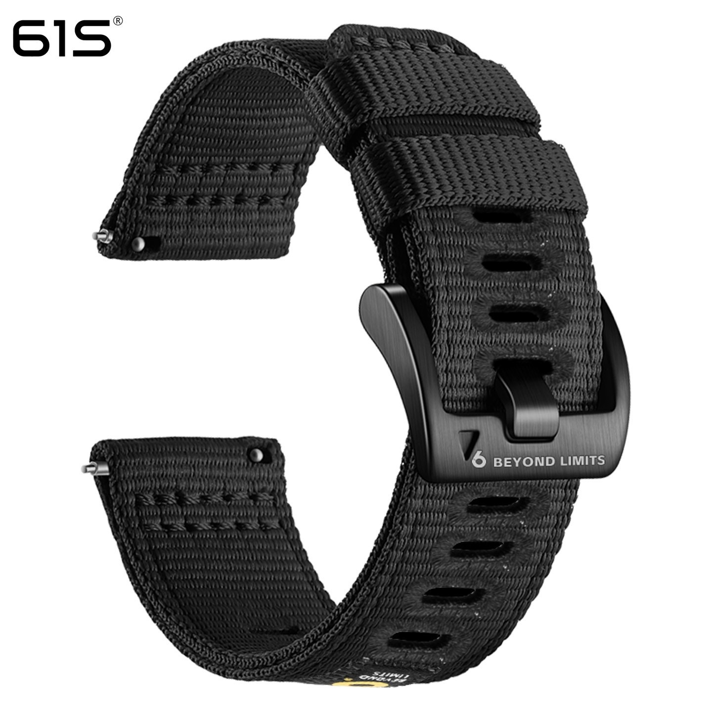 Ein schwarzes Armband mit Schnalle. Das Armband hat ein strukturiertes Gewebe. Die Schnalle hat die Worte 'BEYOND LIMITS' und die Zahl 6.