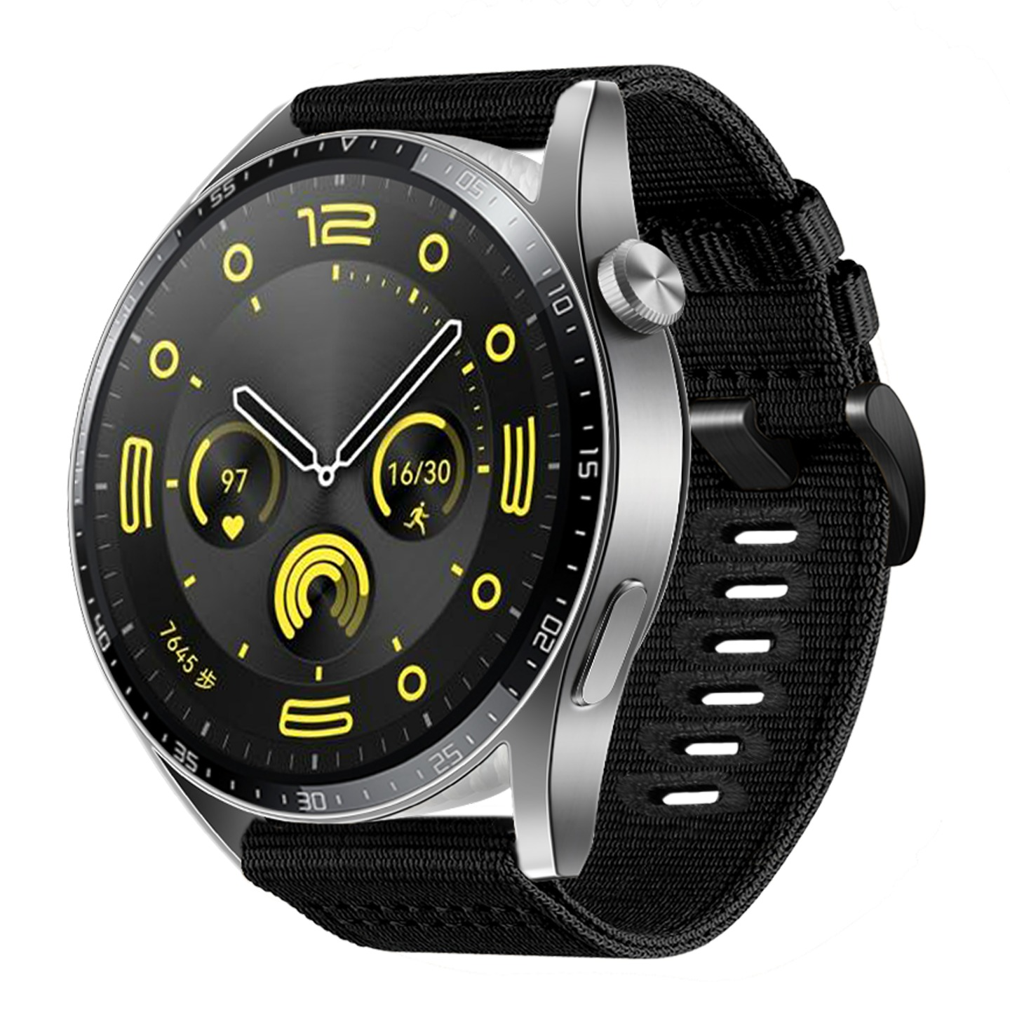 Eine runde Smartwatch mit schwarzem Zifferblatt, gelben Akzenten und einem schwarzen Stoffarmband. Zeigt Zeit, Schritte und andere Gesundheitsdaten an.